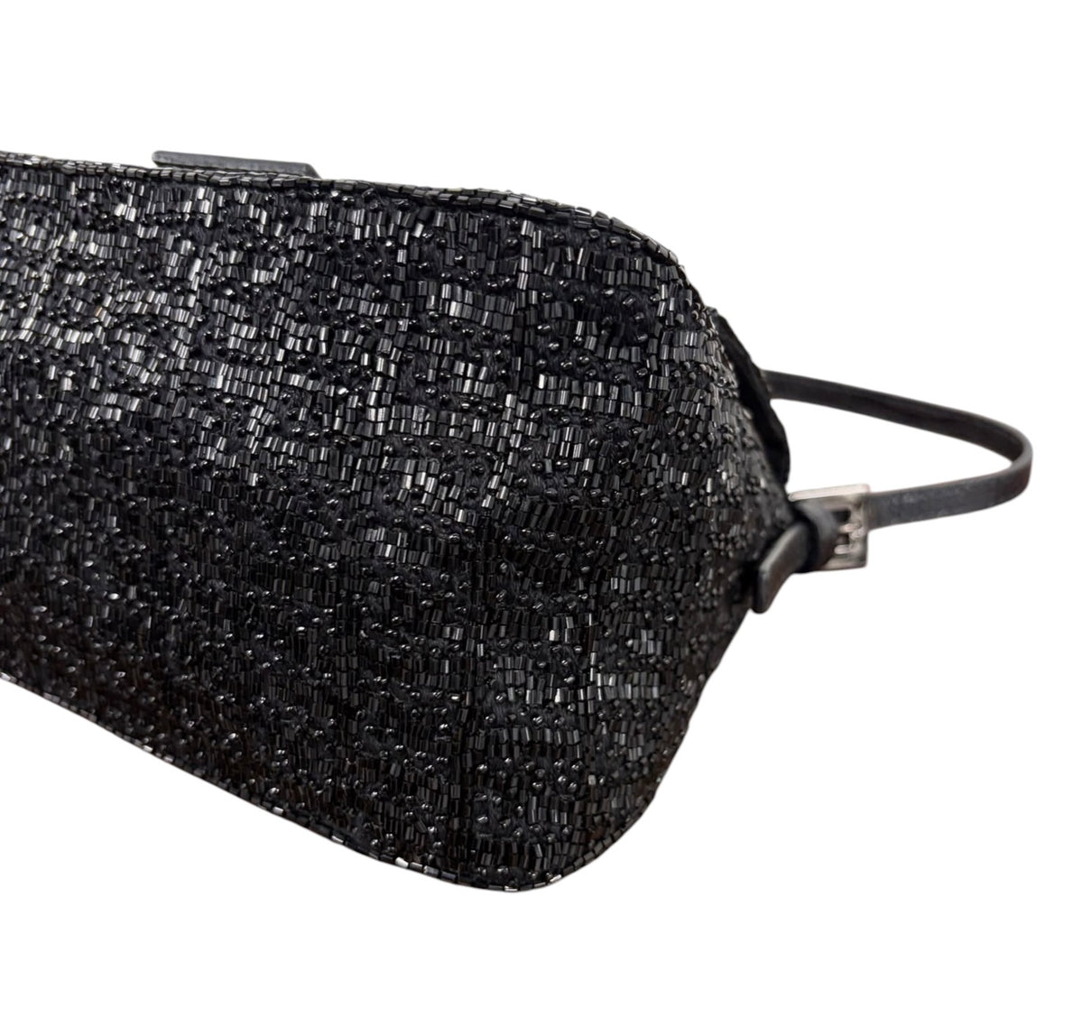 Fendi Vintage Black Zucca Beaded Embroidered Mini Mamma Shoulder Baguette Bag with Lizard Trim