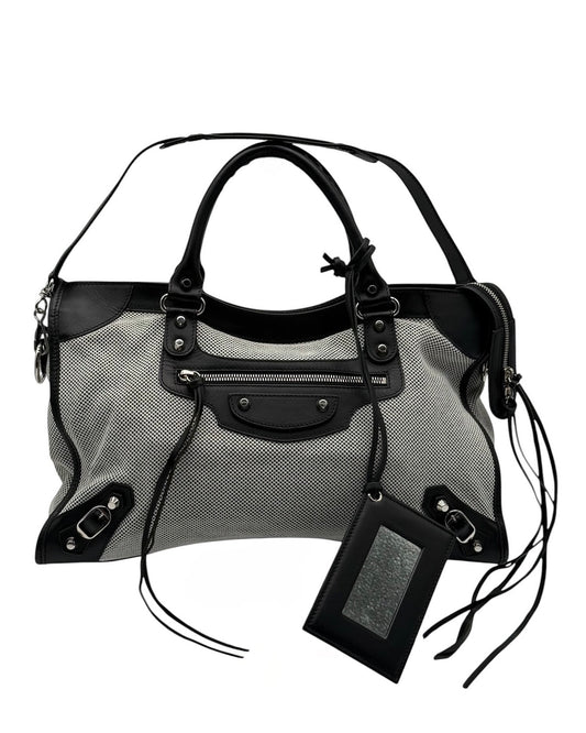 Balenciaga Black & White Canvas Leather Trim Motocross Classic Medium City Bag