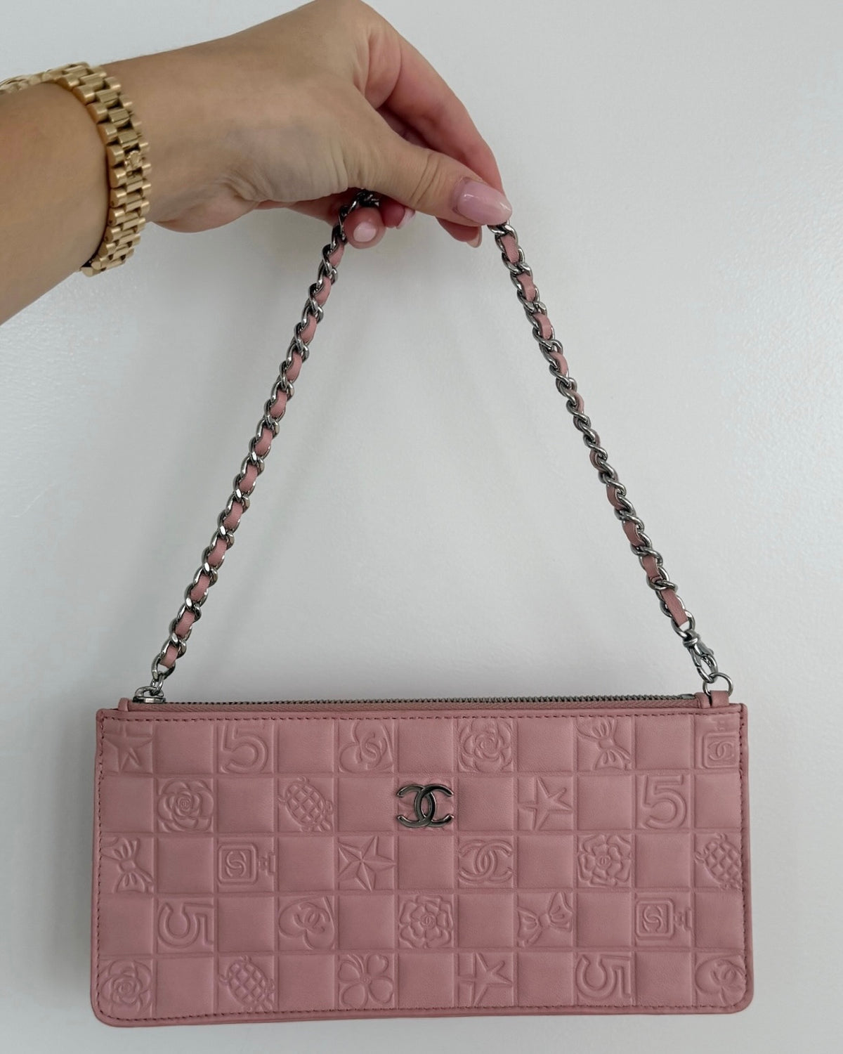 Chanel Vintage 00s Pink Lambskin Precious Symbols Shoulder Pochette Bag