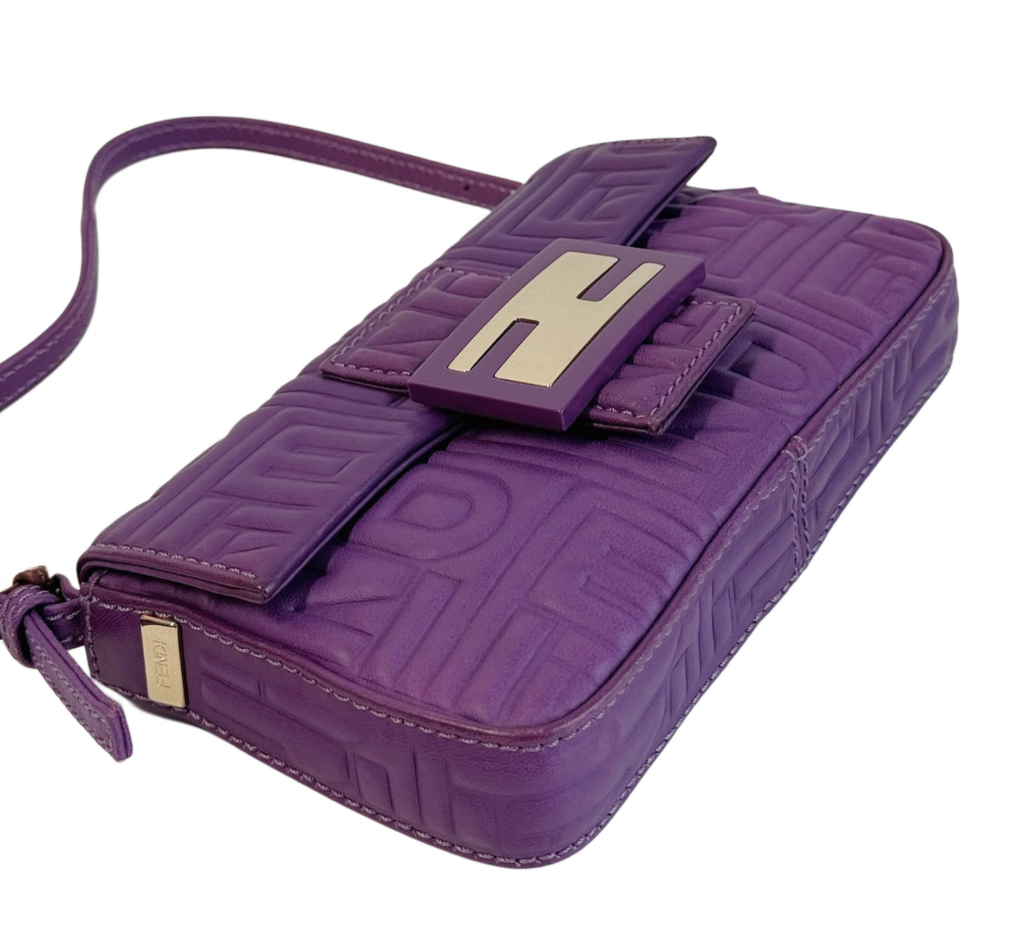 Fendi Vintage Purple Nappa Embossed Logo Leather Shoulder Mini Baguette Shoulder Bag
