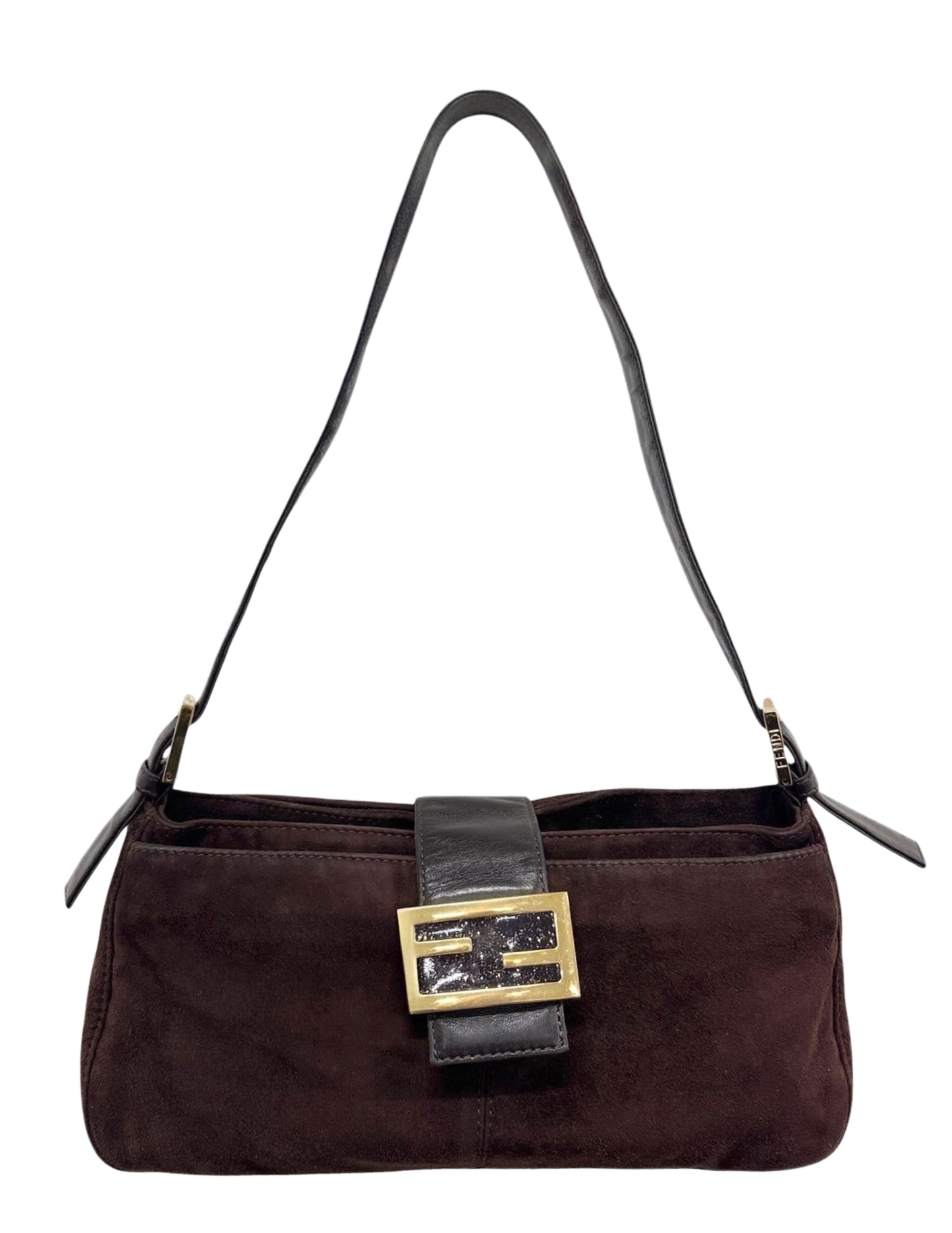 Fendi Vintage Brown Suede Purple Glitter Logo Shoulder Flap Baguette Bag 