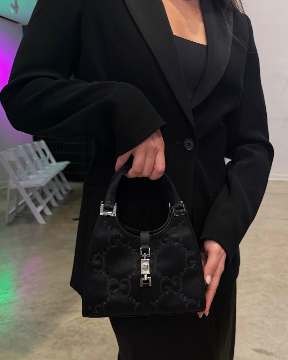 Gucci Vintage Black Satin Embroidered GG Monogram Mini Jackie Evening Bag