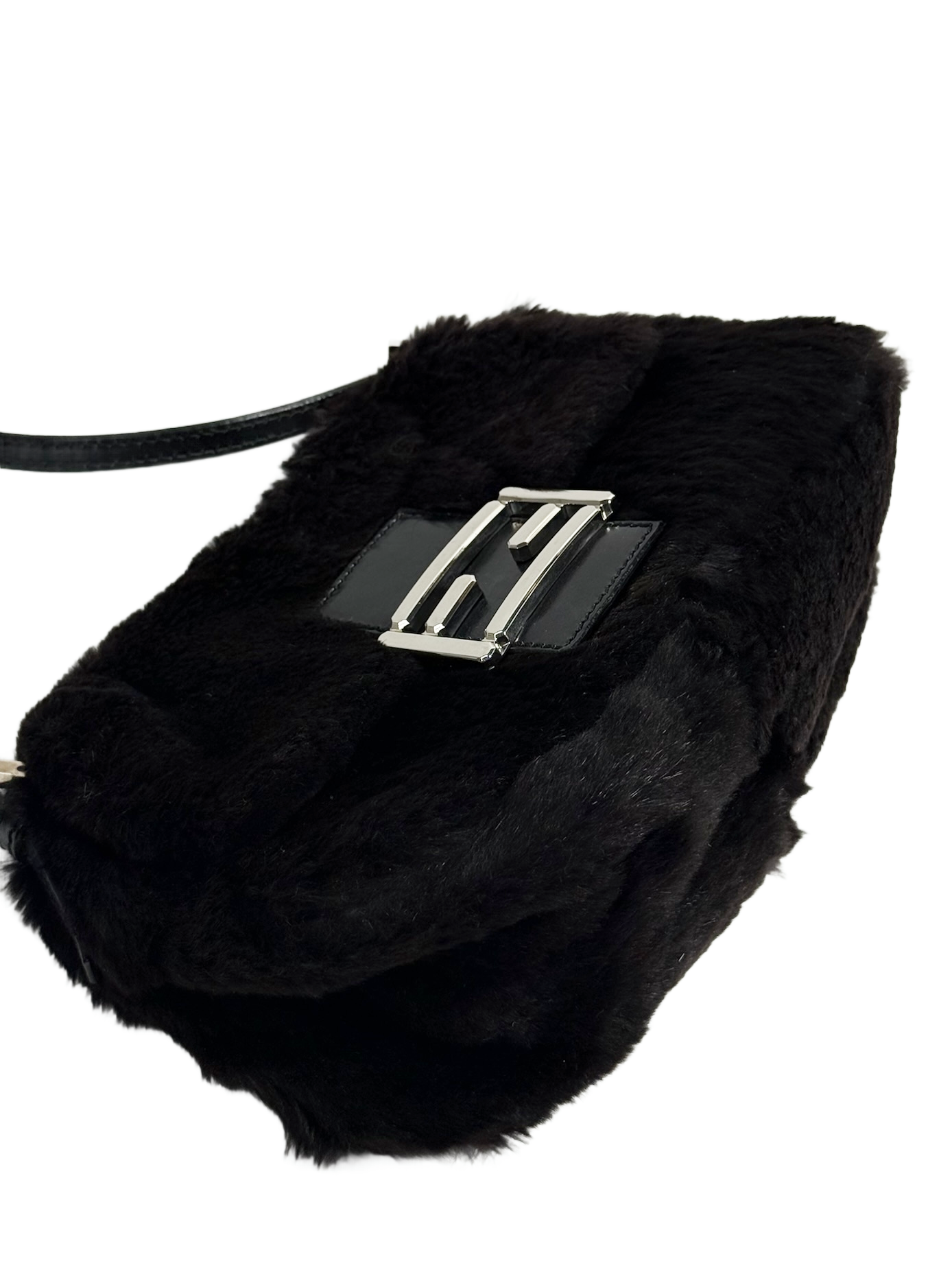 Fendi Vintage Black Rabbit Fur Mini Mamma Baguette Shoulder Bag