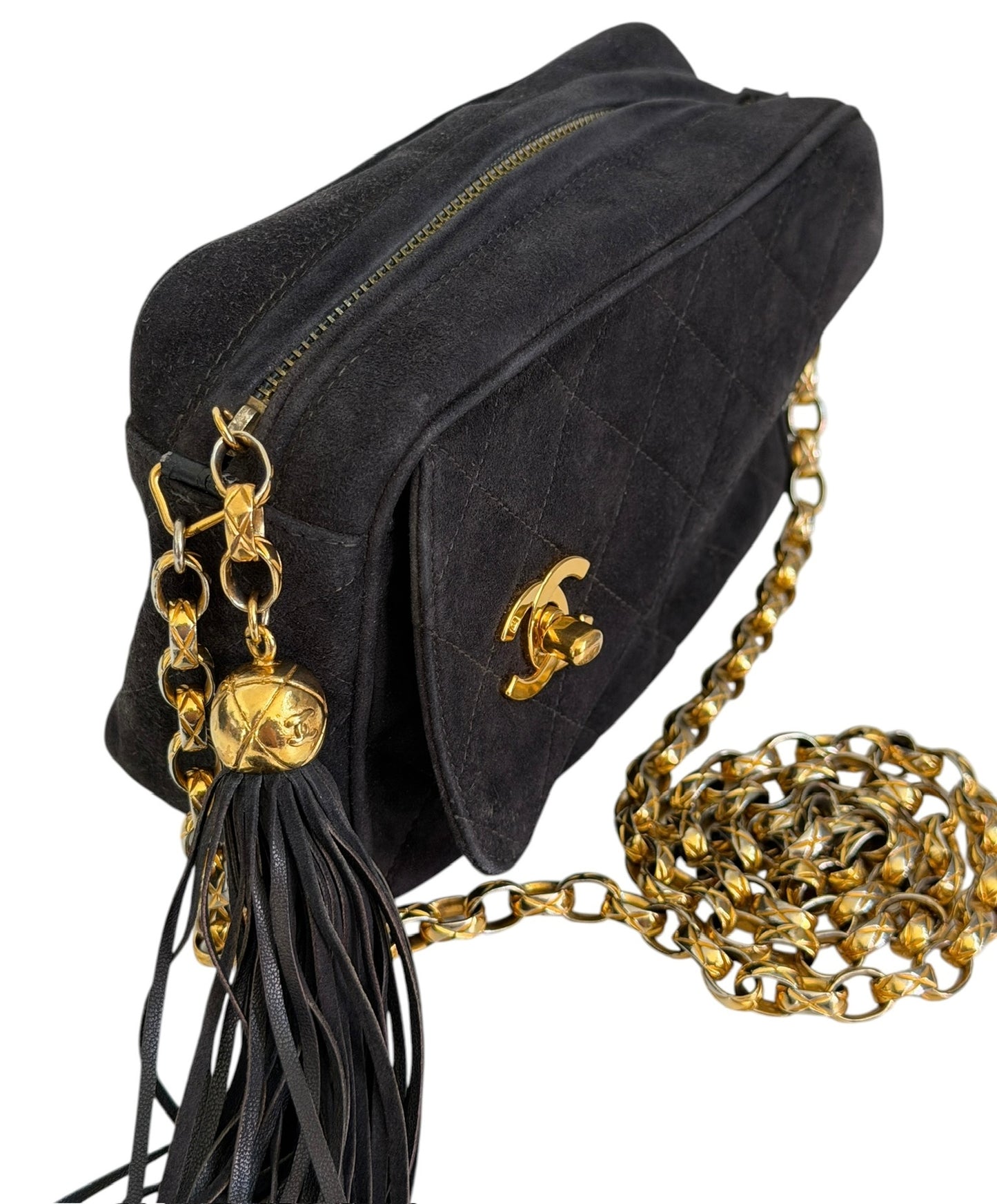 Chanel Vintage 1992 Black Quilted Suede Tassel Camera Bag with 24K GPHW 