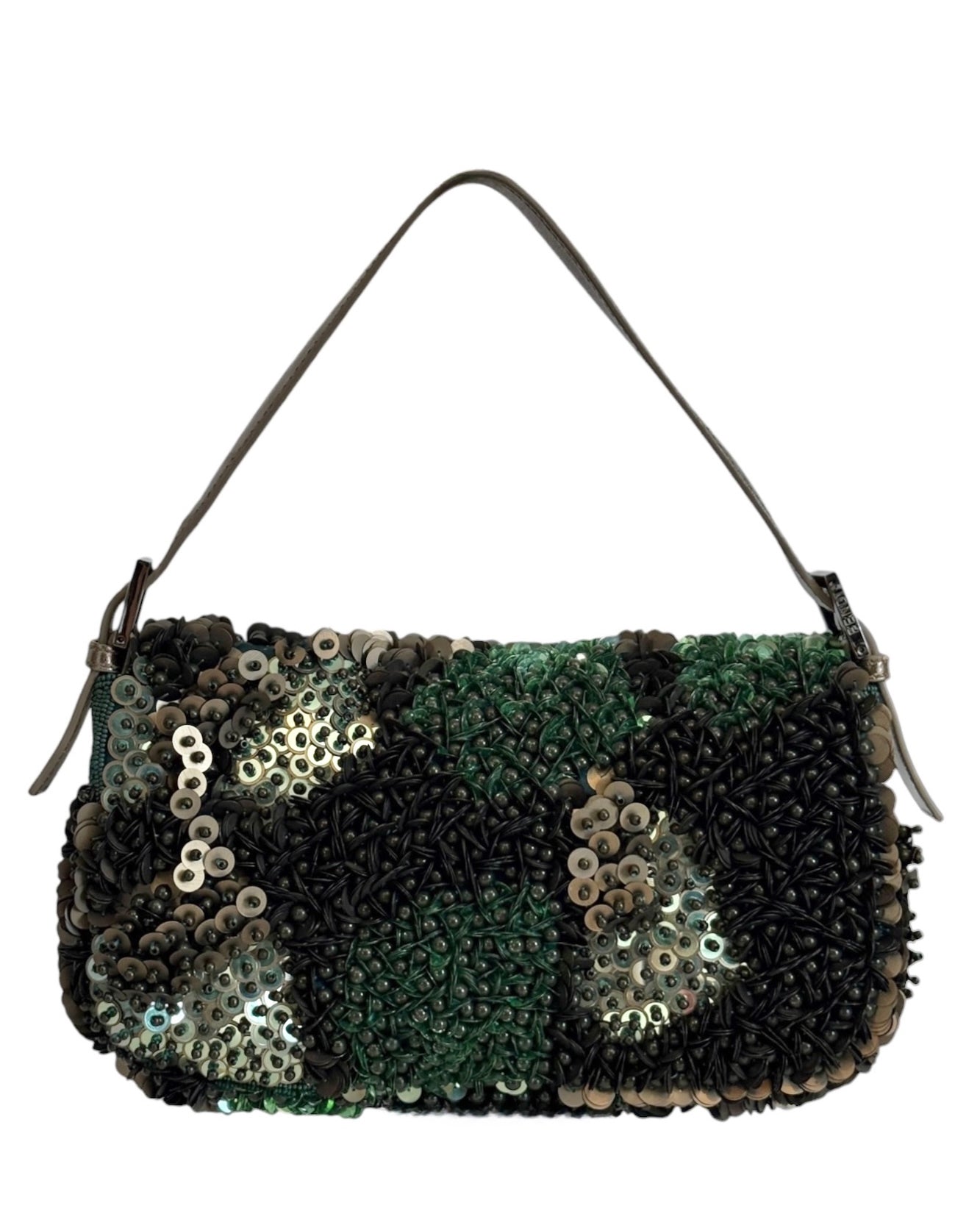 Fendi 2013 Camo Green 3D Beaded Sequin Embellished Shoulder Baguette Shoulder with Gunmetal Hardware