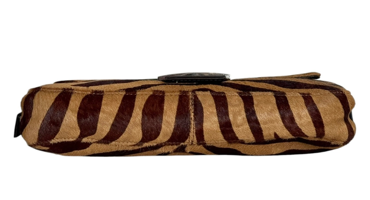 Fendi Vintage Brown Zebra Print Pony Hair Shoulder Baguette Bag