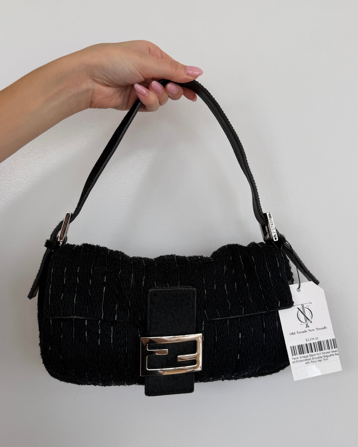 Fendi Vintage Black Knit Striped Beaded Embroidered Shoulder Baguette Bag with Pony Hair Trim