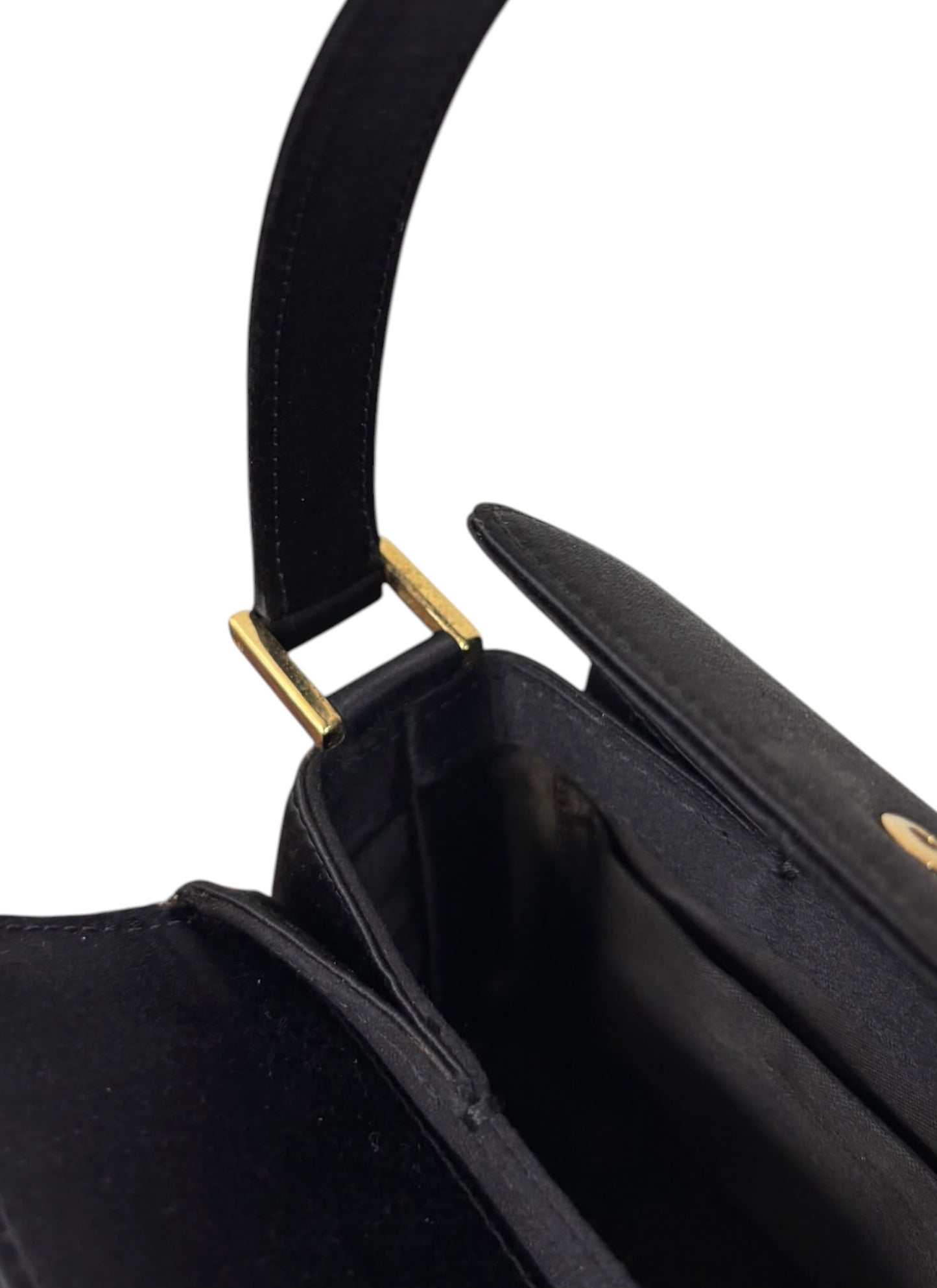 Gucci Vintage 90s Black Satin Gold Logo Mini Bento Box Evening Bag