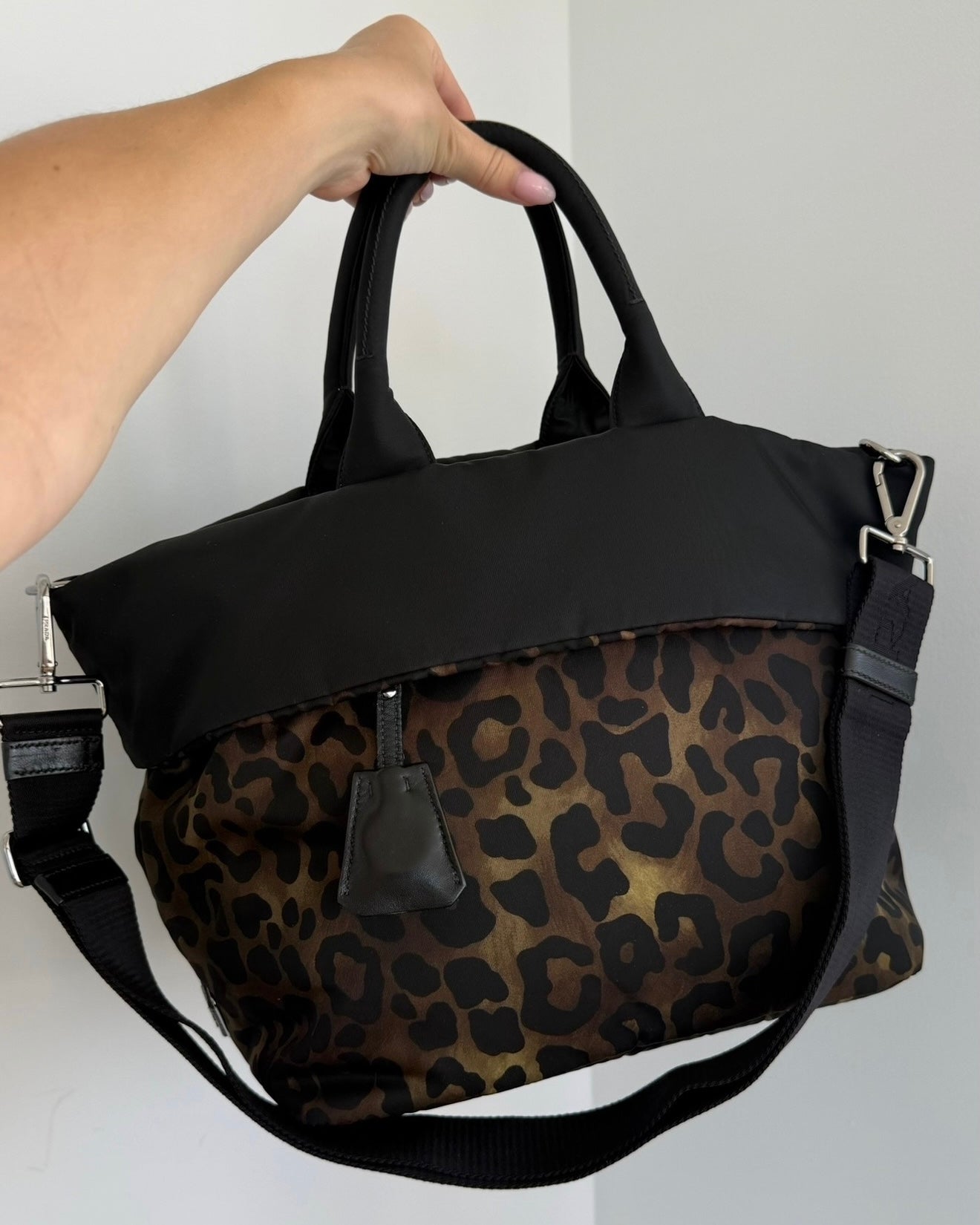 Prada Vintage Black & Green Leopard Print Tessuto Nylon Reversible Tote Bag w Shoulder Strap