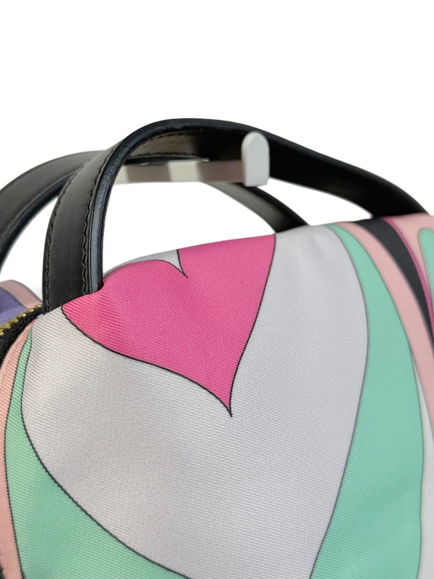 Emilio Pucci Multicolor Nylon Mini Top Handle Cosmetic Pouch Bag w Black Leather Trim