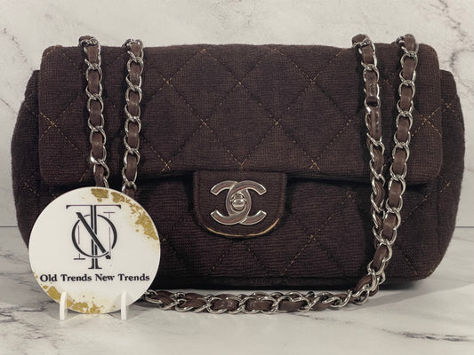 Chanel Vintage Brown Jersey Tweed Knit Fabric Quilted Medium Single Flap Bag