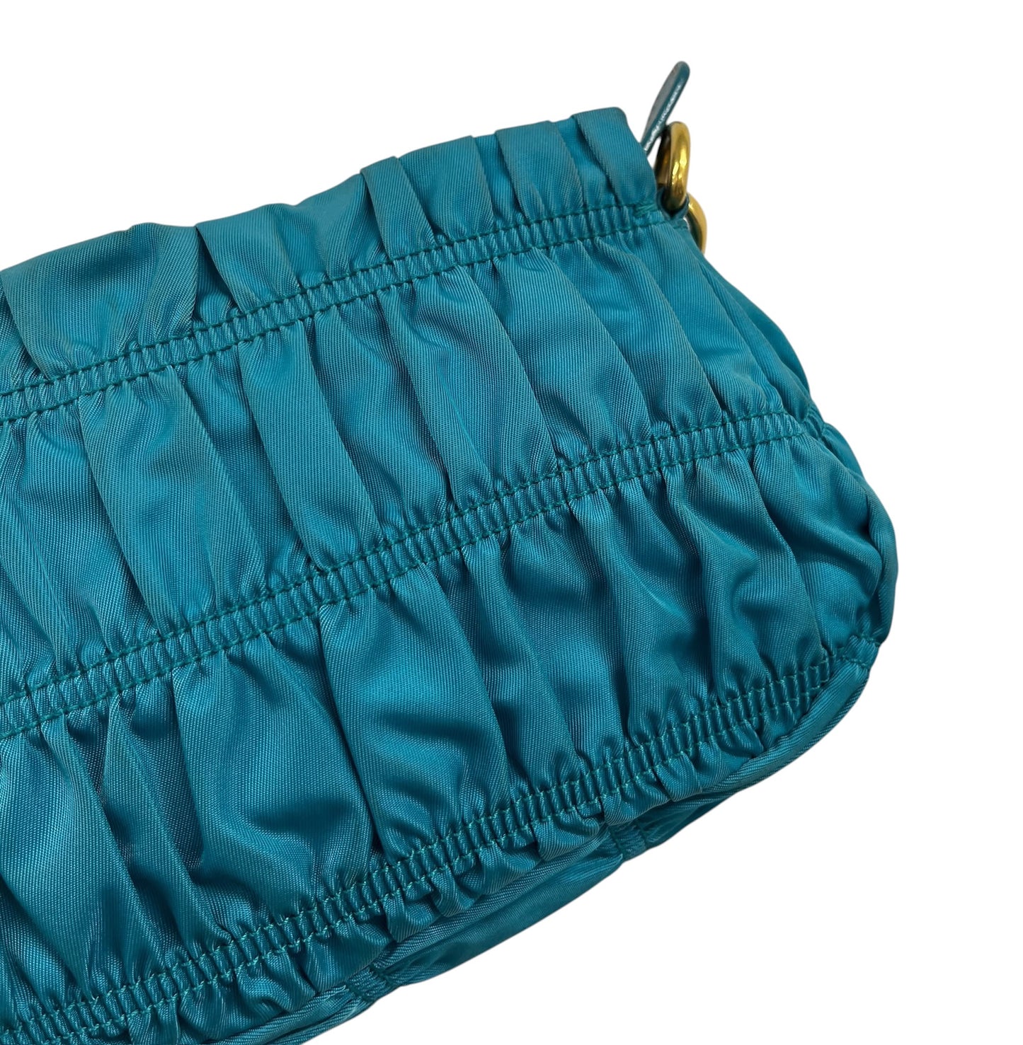 Prada Vintage Turquoise Blue Tessuto Nylon Pleated Ruffle Gaufre Small Pochette Shoulder Bag