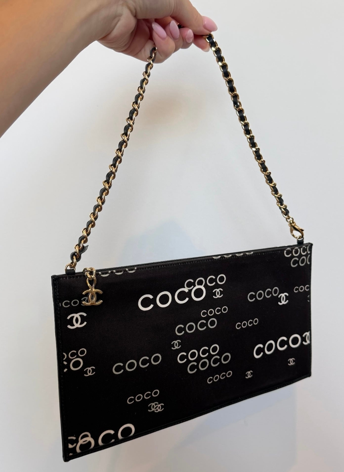 Chanel Vintage 00s Black Canvas Coco CC Logo Motif Flat Pochette Shoulder Bag