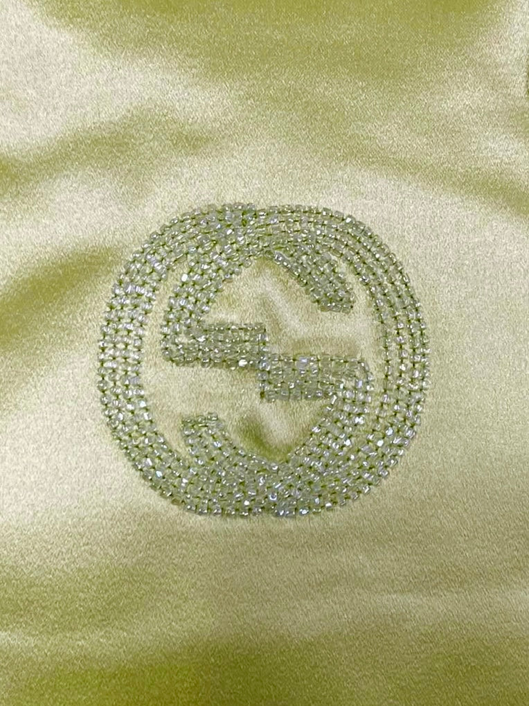 Gucci Vintage Pastel Lime Green Satin GG Beaded Small Kisslock Evening Bag