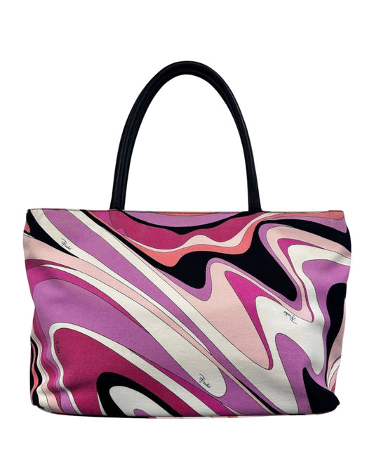 Emilio Pucci Vintage Fuchsia Pink & Black Multicolor Canvas Small Shoulder Tote Bag