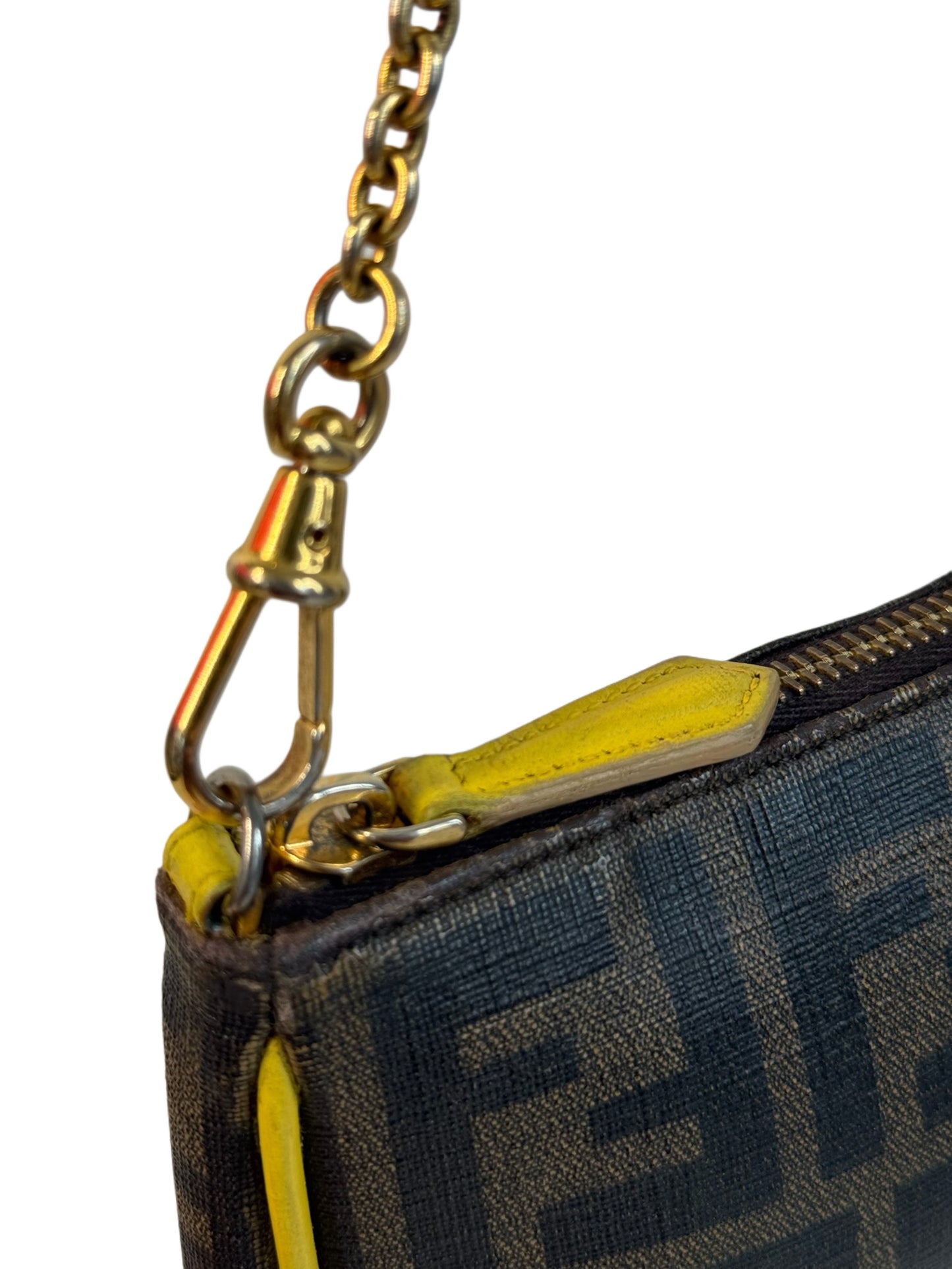 Fendi Vintage Brown Zucca Monogram Coated Canvas Pochette Bag w Yellow Leather Trim
