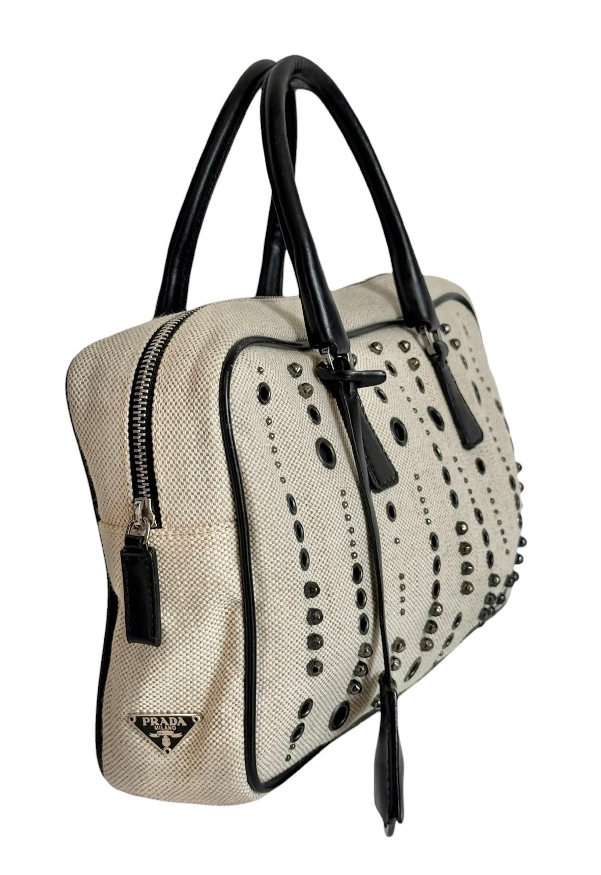 Prada Vintage Gray Canvas Scamosciato Grommet Top Handle Bag with Black Leather Trim