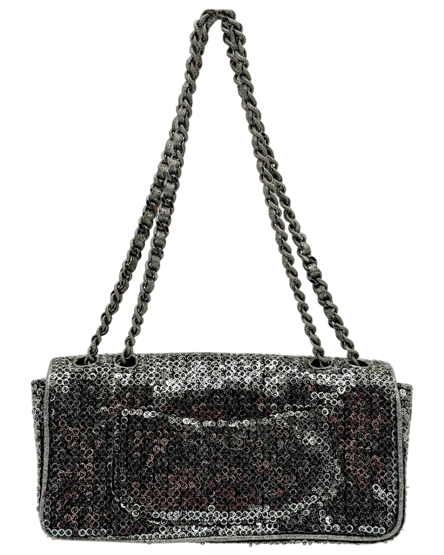 Chanel Vintage Pewter Silver Sequin East West Classic Flap Shoulder Bag