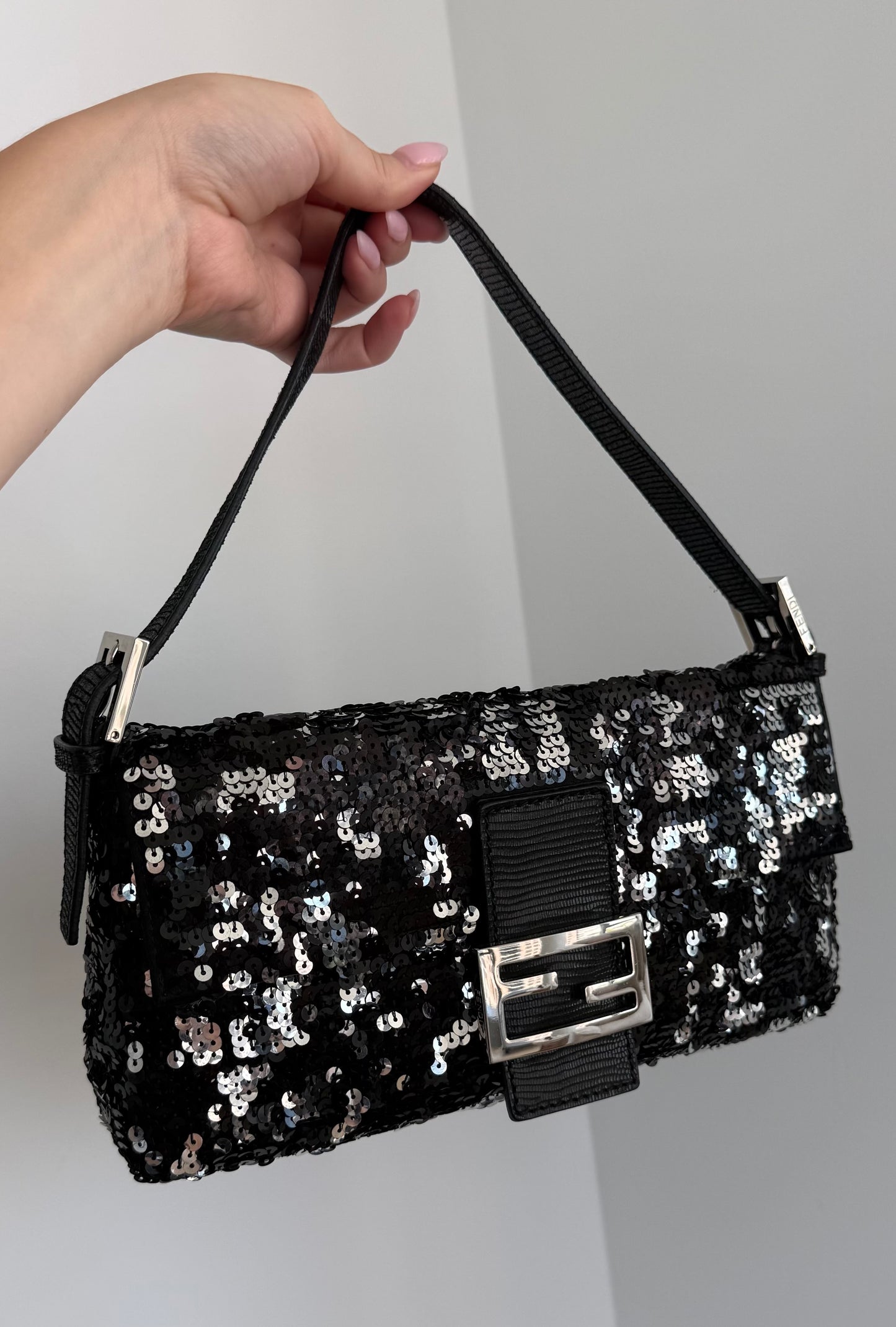 Fendi Vintage Black & Silver Sequin Zucca Monogram Shoulder Baguette Bag w Lizard Trim