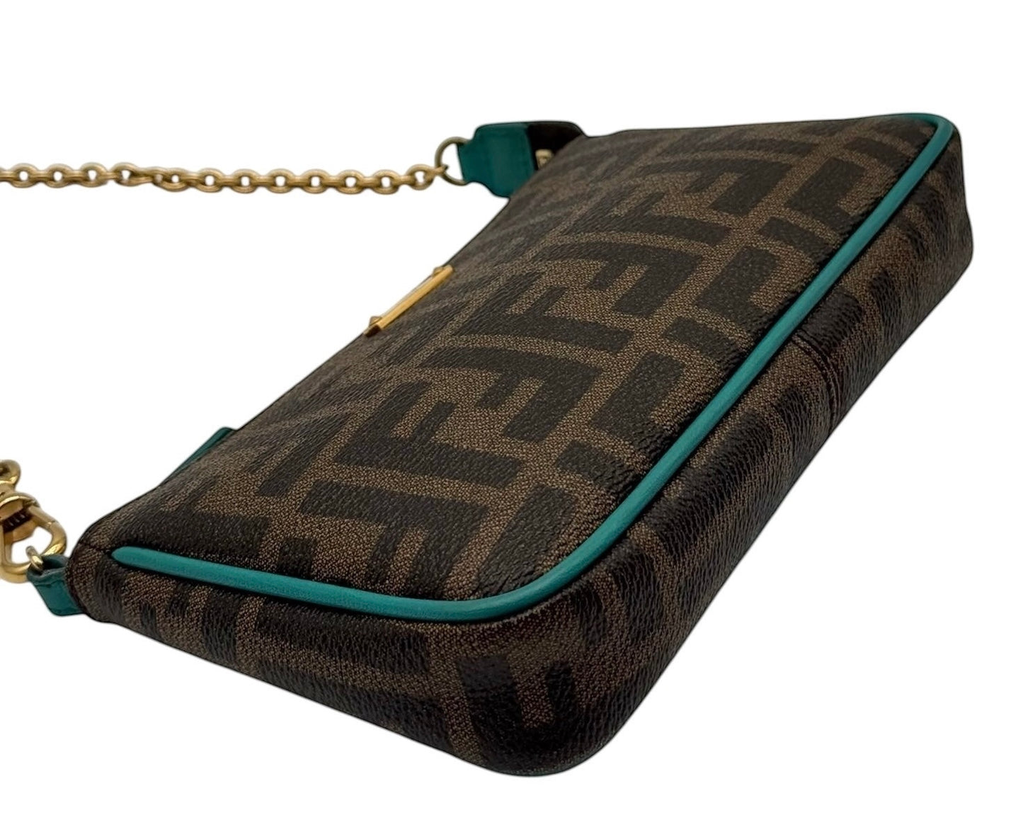 Fendi Vintage Brown Zucca Monogram Turquoise Trim Mini Pochette Chain Bag