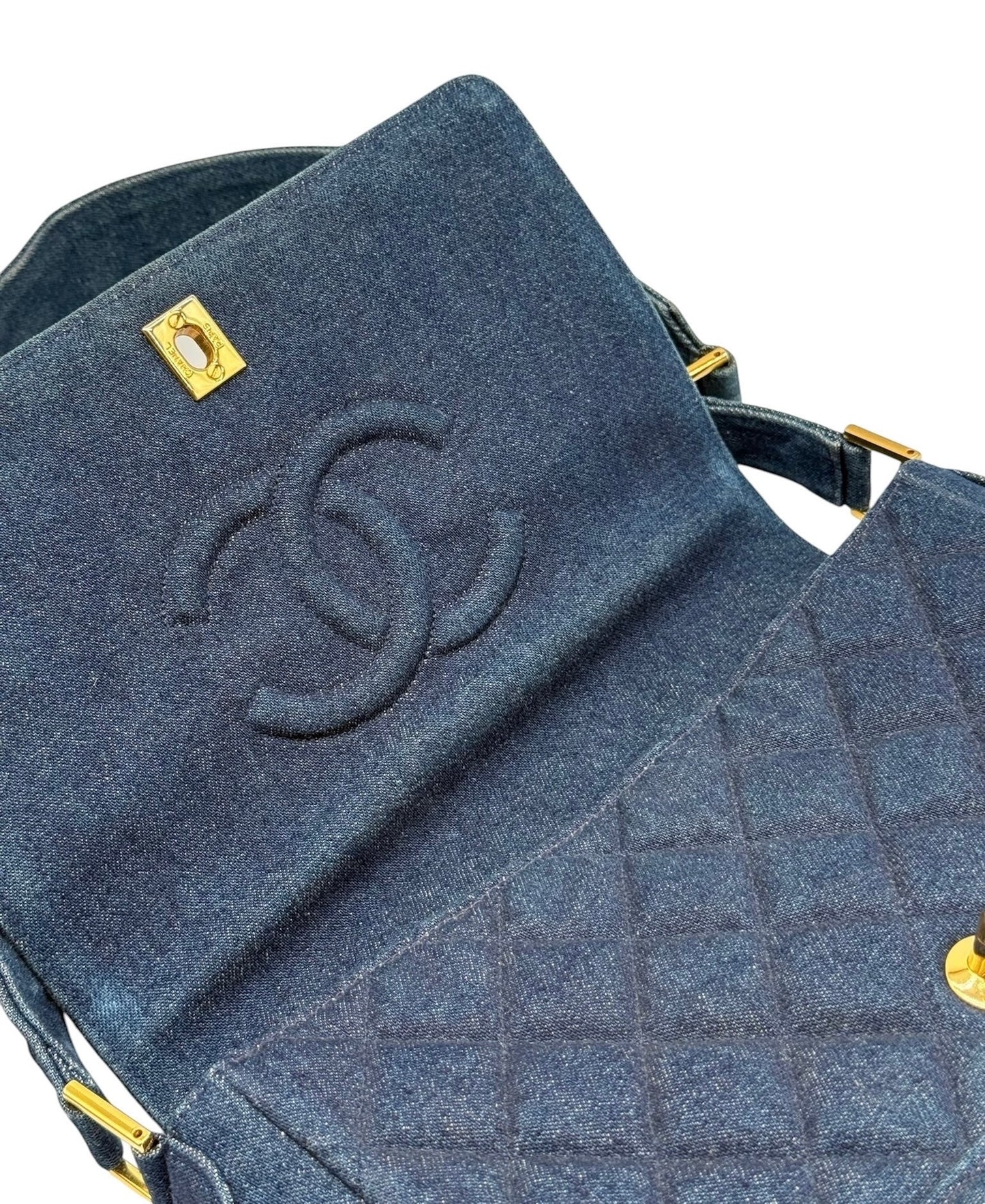 Chanel Vintage 90s Blue Denim Quilted Medium Full Flap Shoulder Bag with 24K GPHW