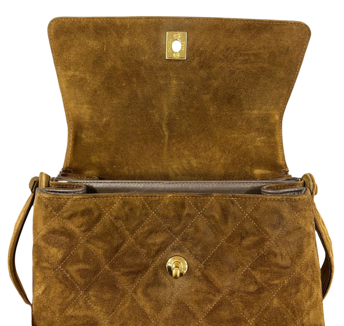 Chanel Vintage 90s Light Brown Quilted Suede Medium Kelly Shoulder Bag with 24K