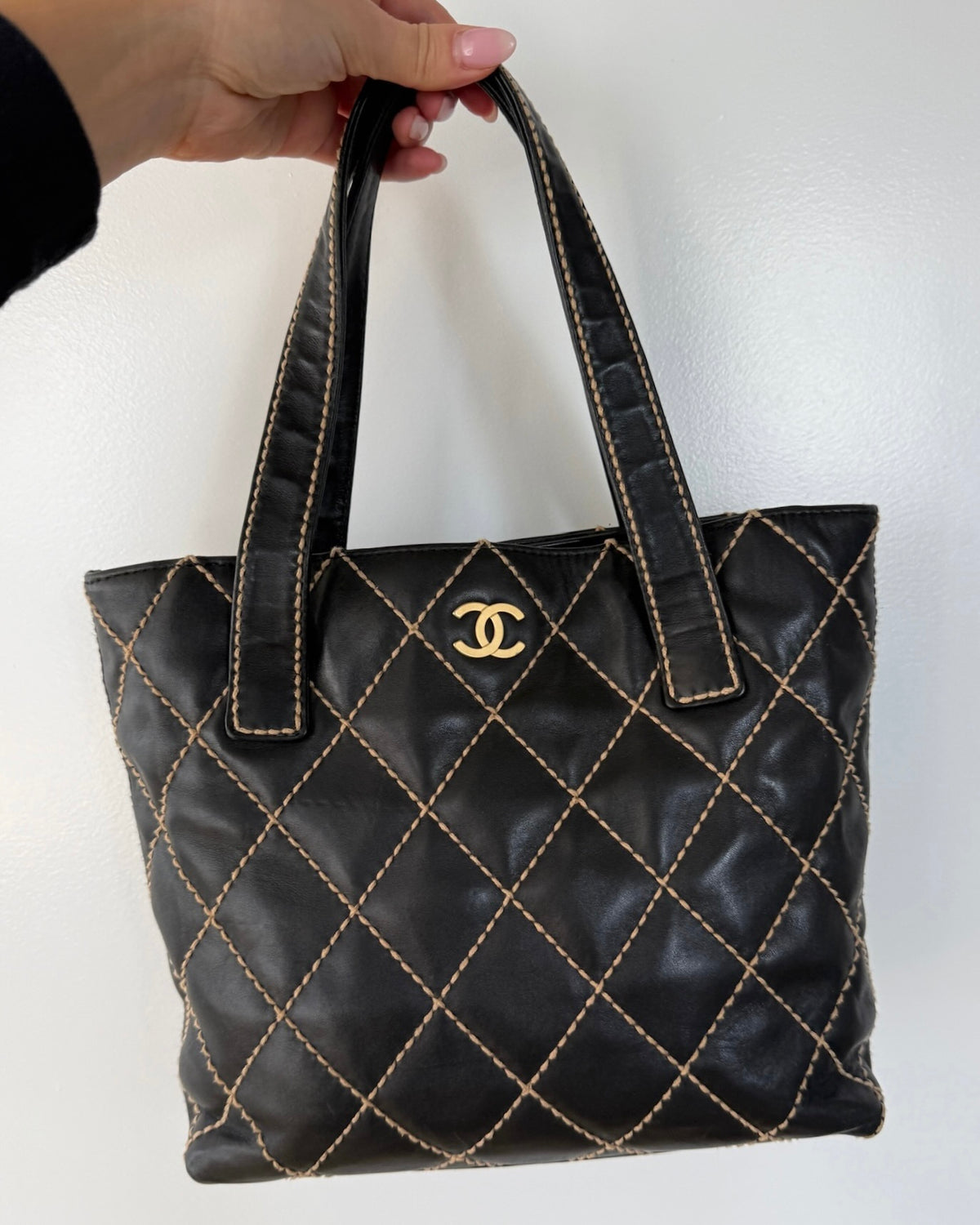 Chanel Vintage 00s Black Quilted Lambskin Wild Stitch Small Shoulder Tote Bag