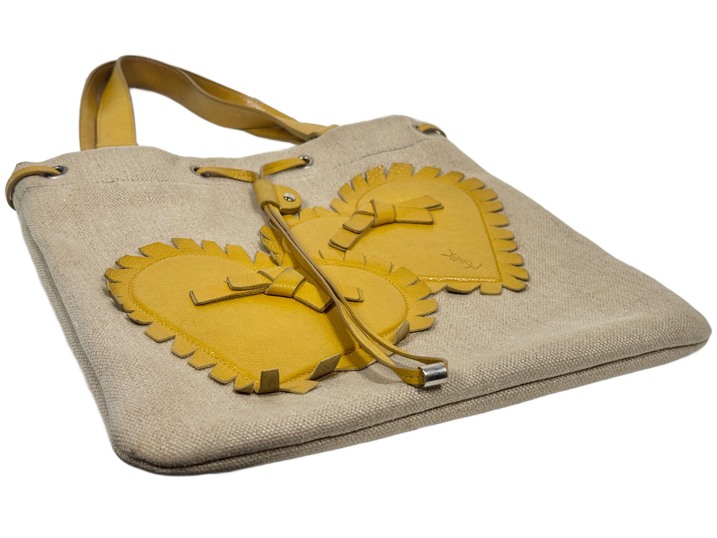 YSL / Yves Saint Laurent Vintage Yellow Leather & Canvas Heart Embellished Mini / Small Shoulder Tote Bag