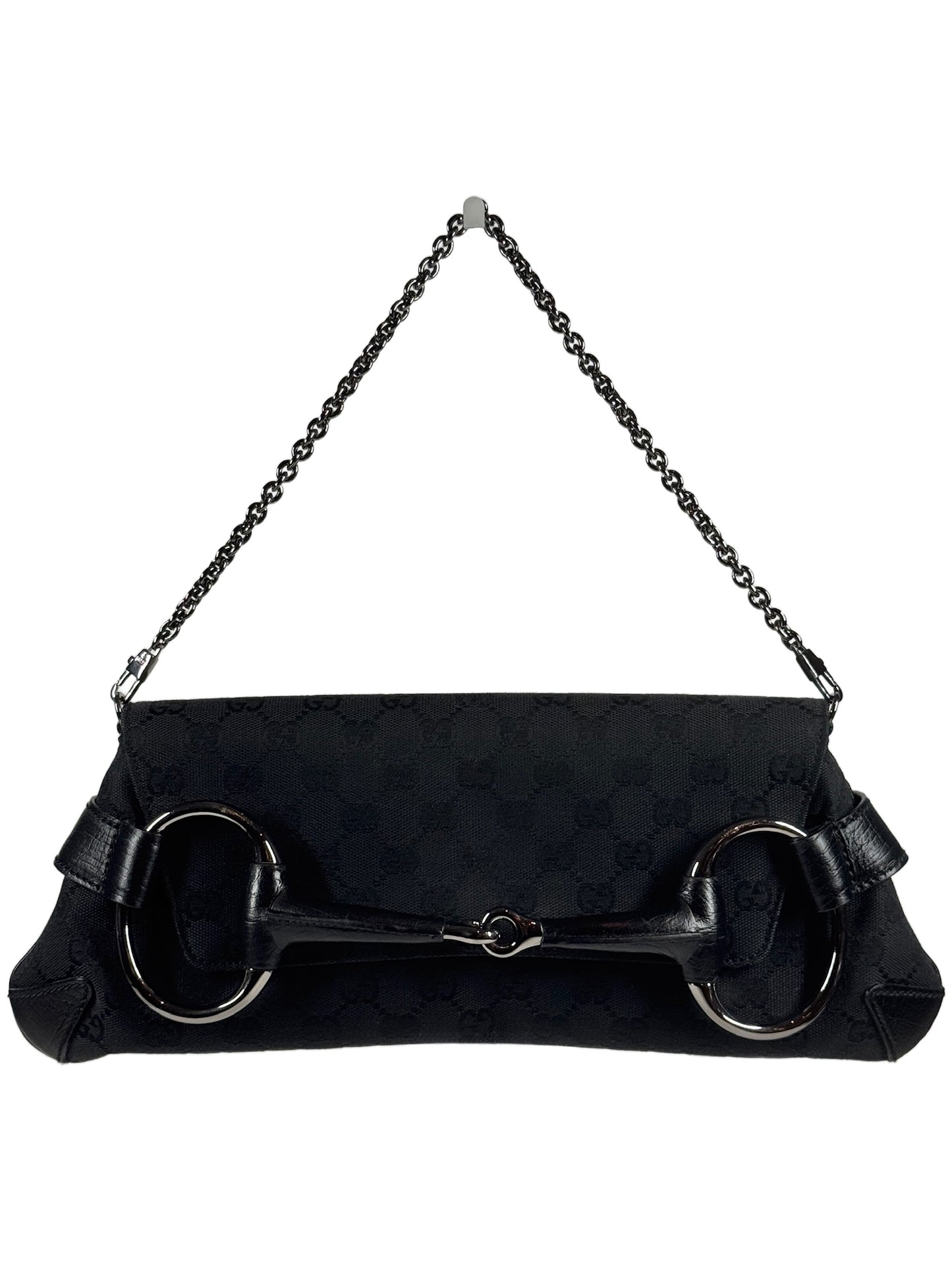 Gucci Vintage Black GG Monogram Horsebit Large Chain Shoulder Clutch Bag 