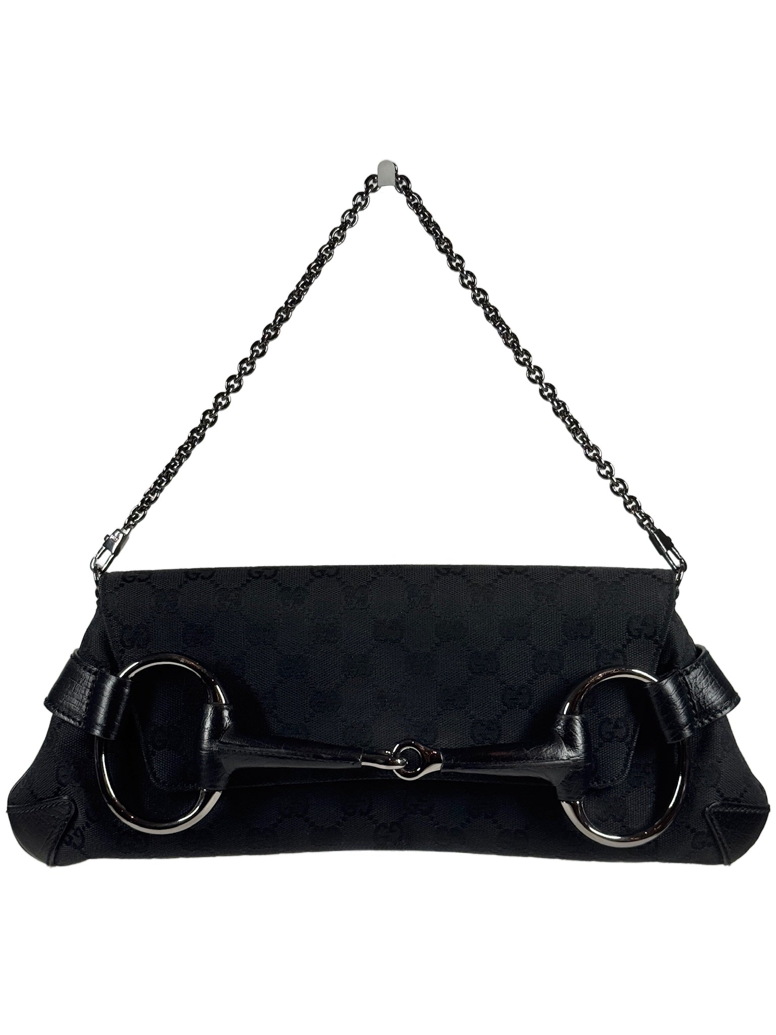 Gucci Vintage Black GG Monogram Horsebit Large Chain Shoulder Clutch Bag 