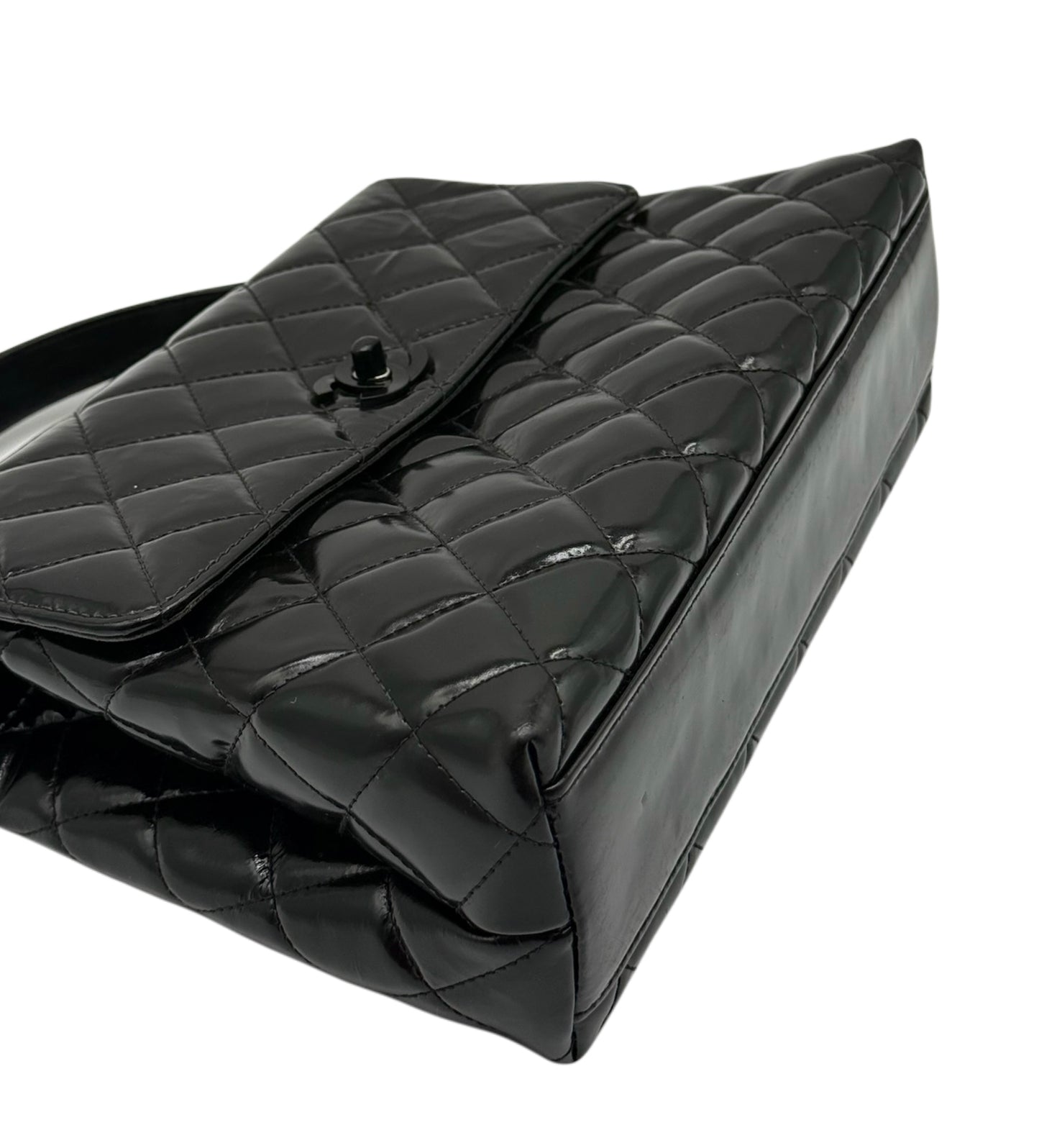 Chanel Vintage 90s Black Quilted Patent Leather So Black Hardware Small Kelly Top Handle Flap Bag