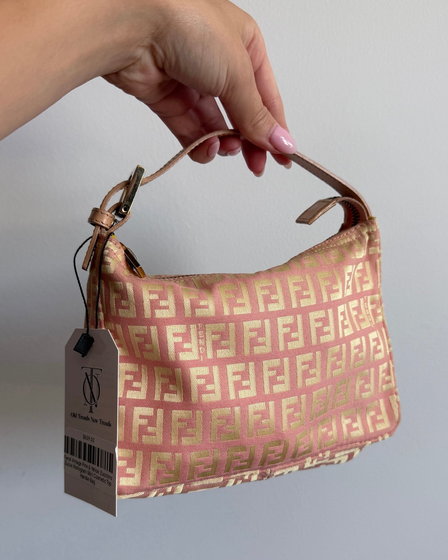 Fendi Vintage Pink & Yellow Zucchino Zucca Monogram Mini Cosmetic Top Handle Pochette Bag