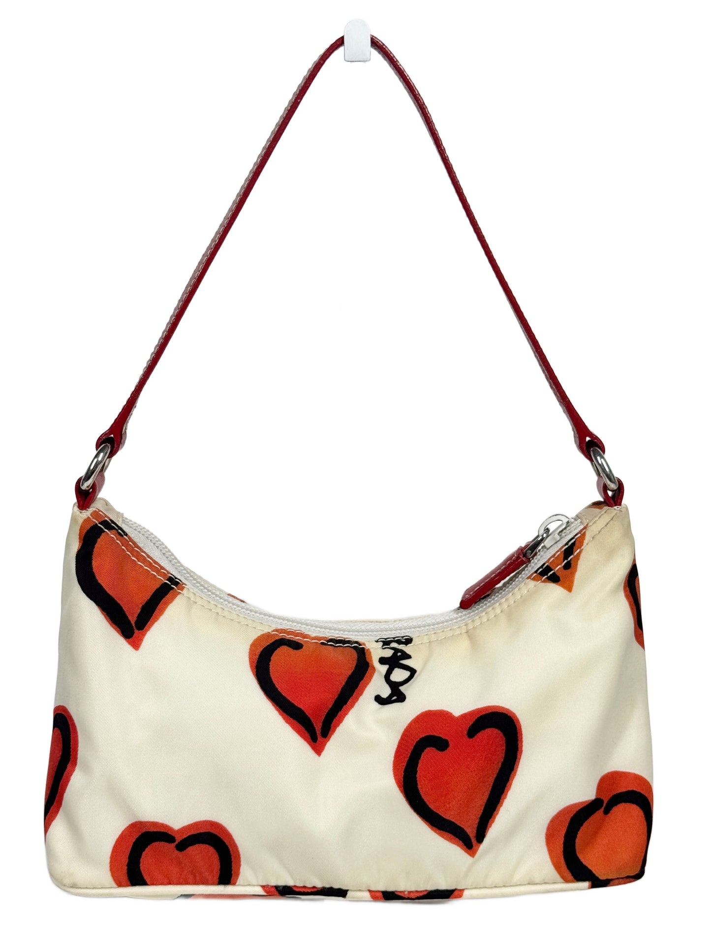 Prada Vintage White Nylon Red Heart Logo Pochette Shoulder Bag