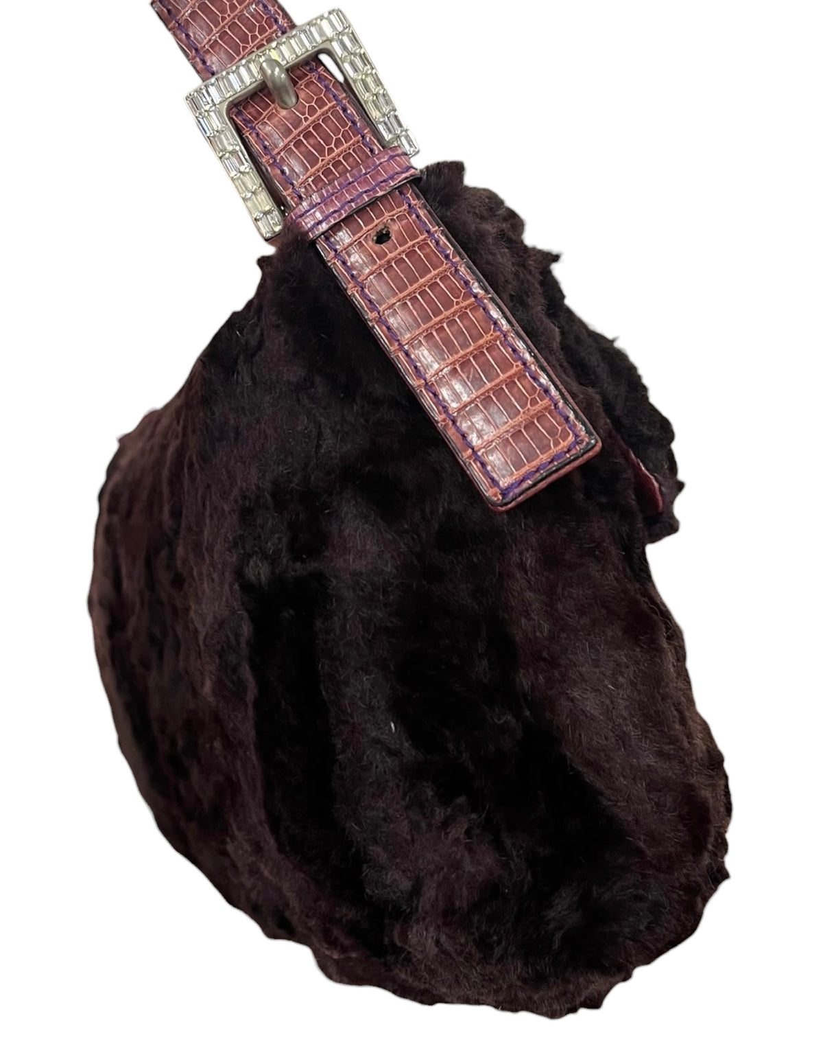 Fendi Vintage Purple Rabbit Fur Pink Lizard Trim Crystal Logo Shoulder Baguette Bag