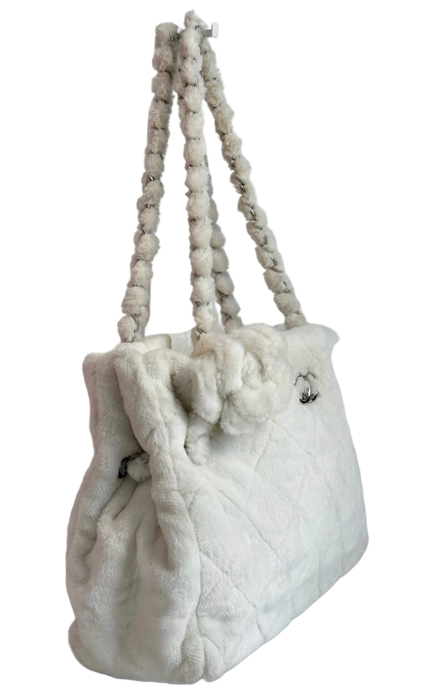 Chanel Vintage White Quilted Fantasy Fur Camellia Tote Bag