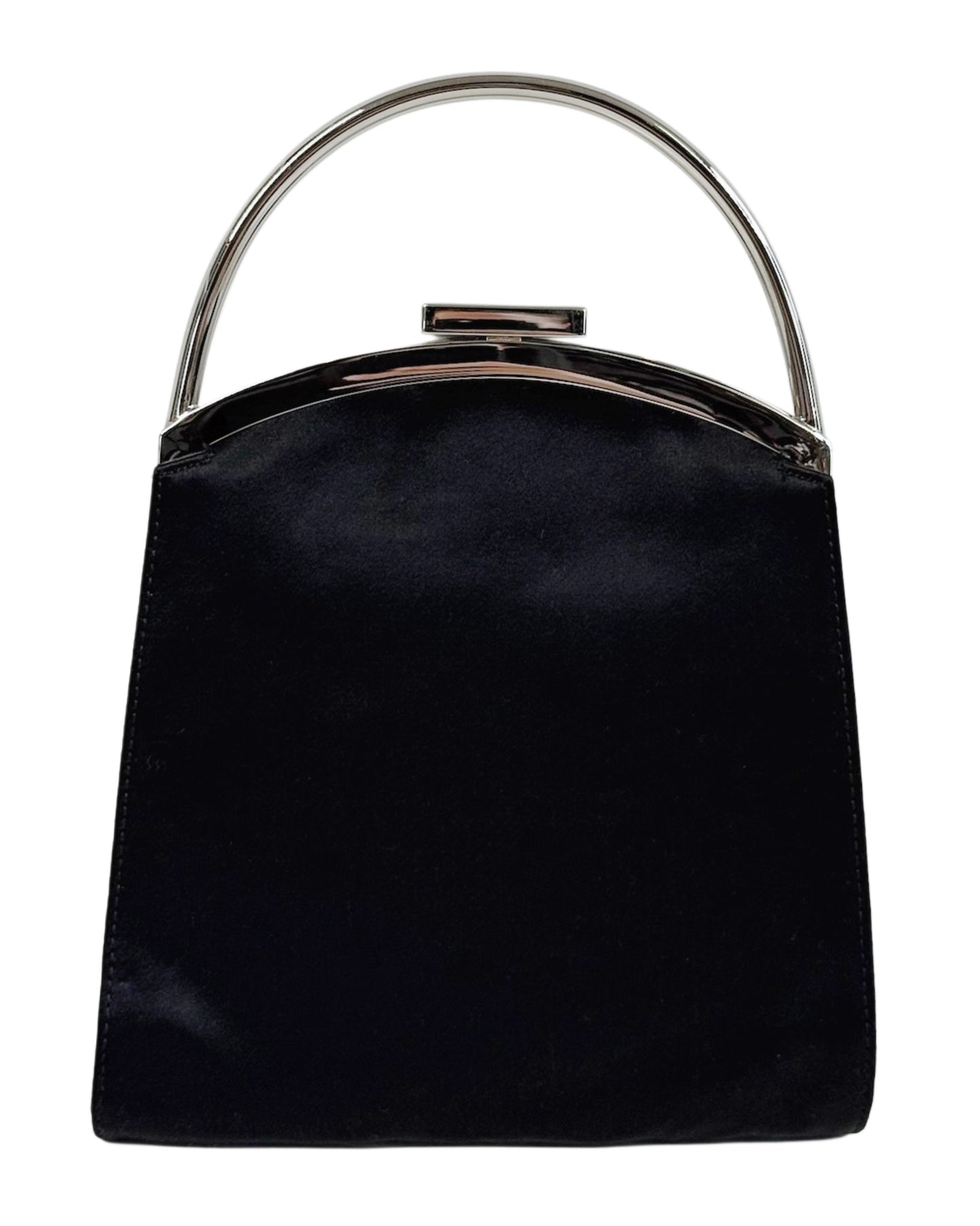 Gucci Vintage Tom Ford Era Black Satin Mini Metal Top Handle Kelly Style Evening Clutch Bag