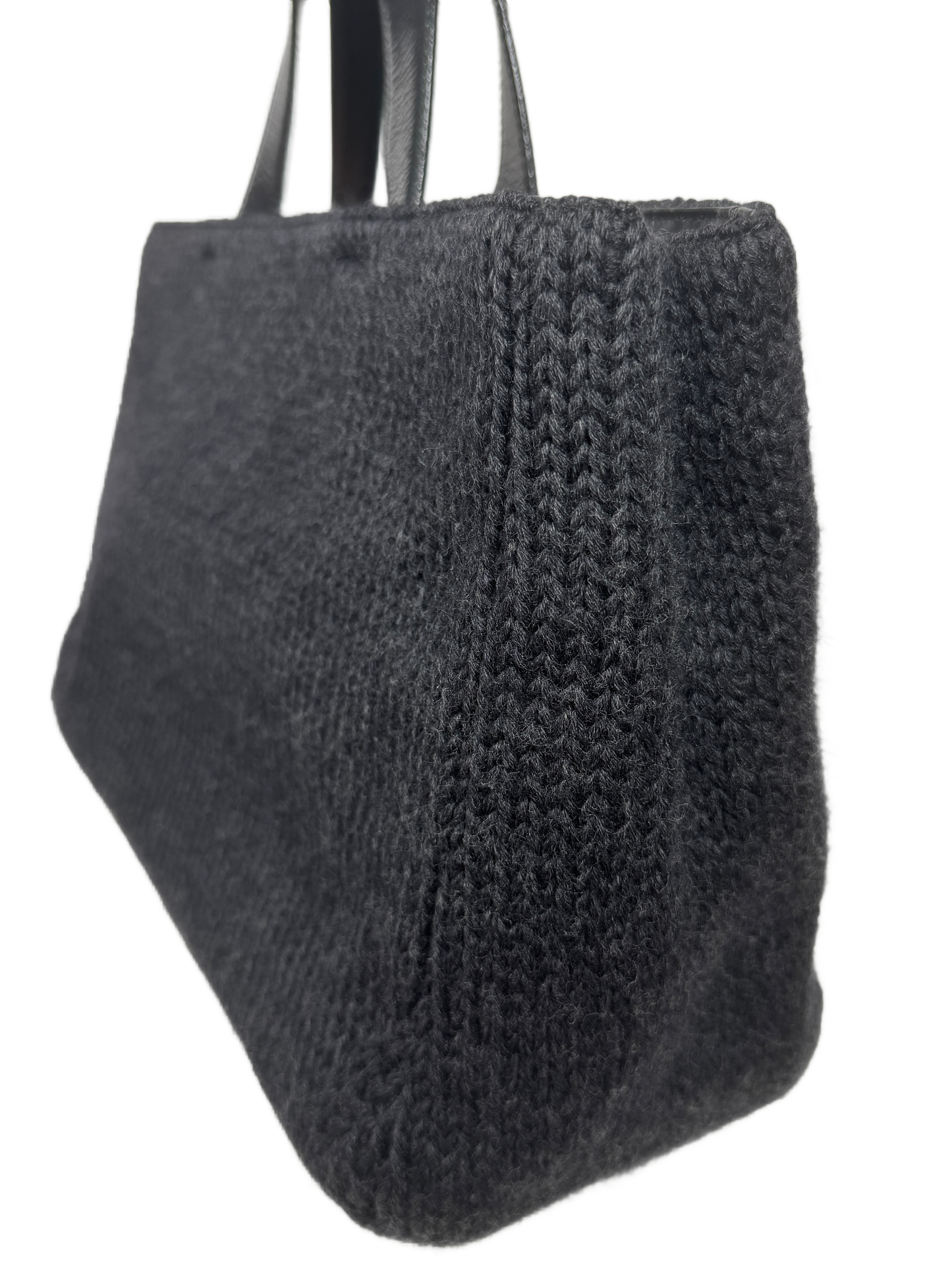 Prada Vintage Dark Gray Knit with Black Leather Trim Top Handle Tote Bag