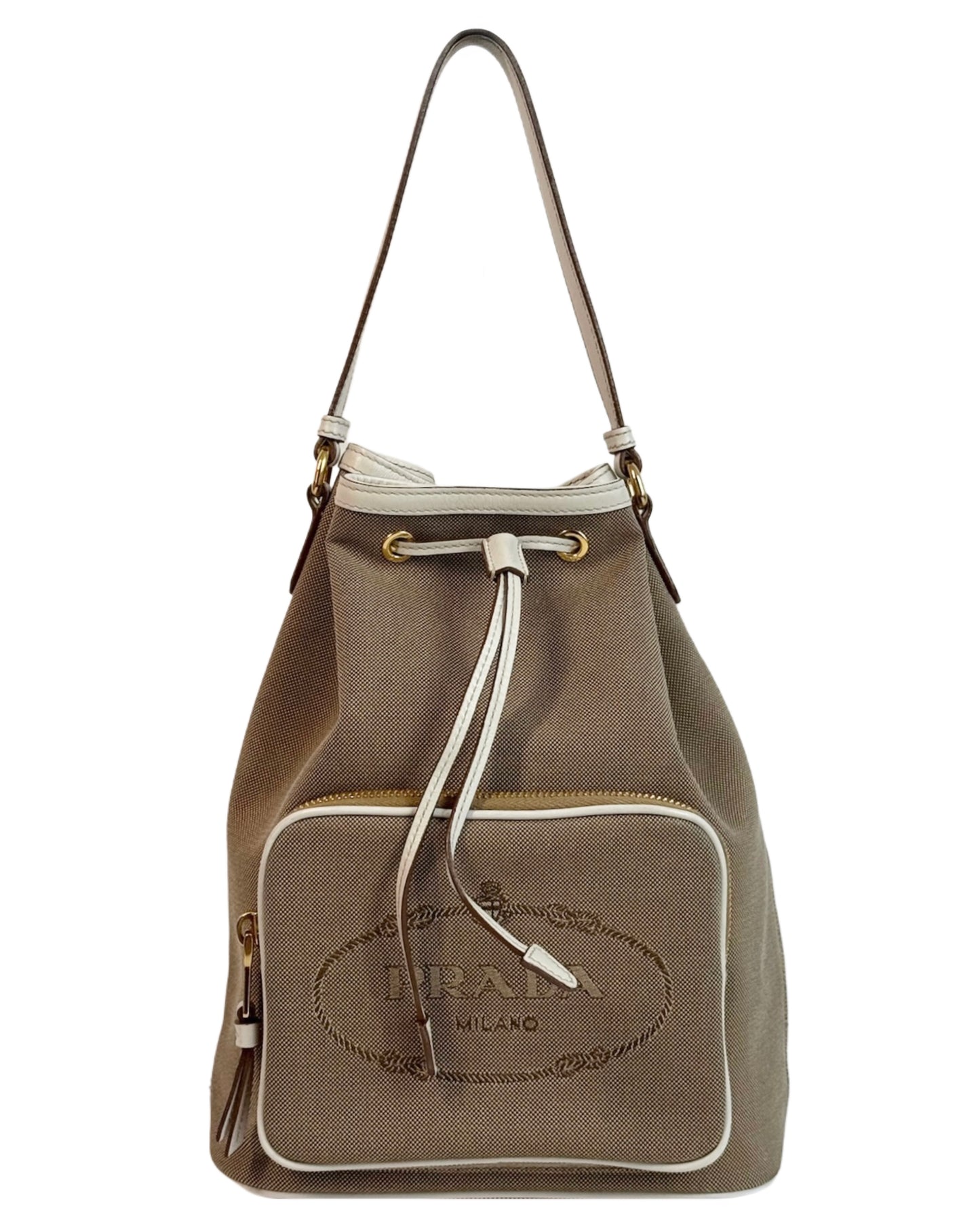 Prada Vintage Beige Jacquard Canapa Canvas Small Drawstring Bucket Shoulder Bag w Ivory Leather Trim