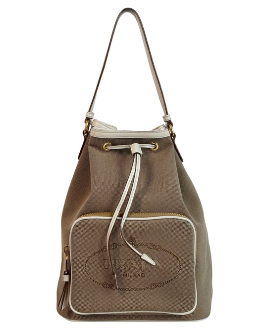 Prada Vintage Beige Jacquard Canapa Canvas Small Drawstring Bucket Shoulder Bag w Ivory Leather Trim