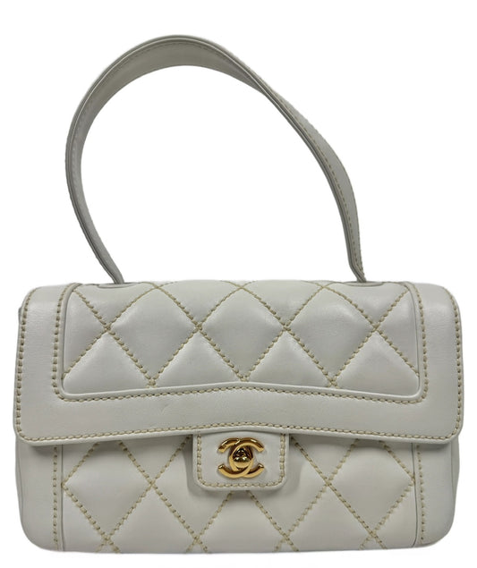 Chanel Vintage 2005 White Quilted Calfskin Leather Wild Stitch Medium Top Handle Classic Flap Bag w 24K Gold Plated Hardware