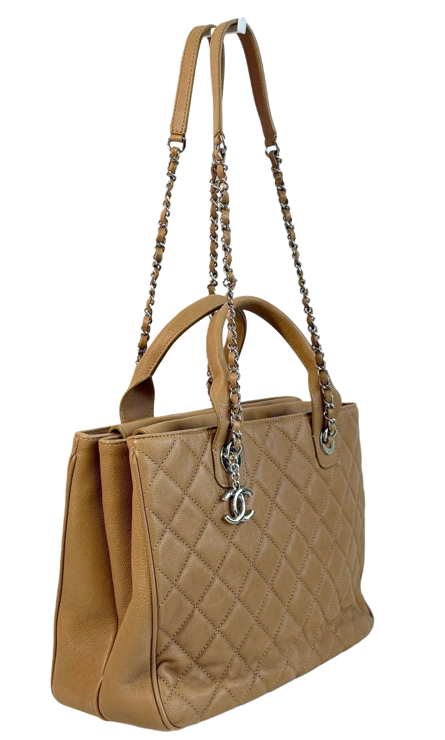 Chanel 2018 Beige Quilted Caviar Leather Two-Way CC Logo Shoulder Tote Bag