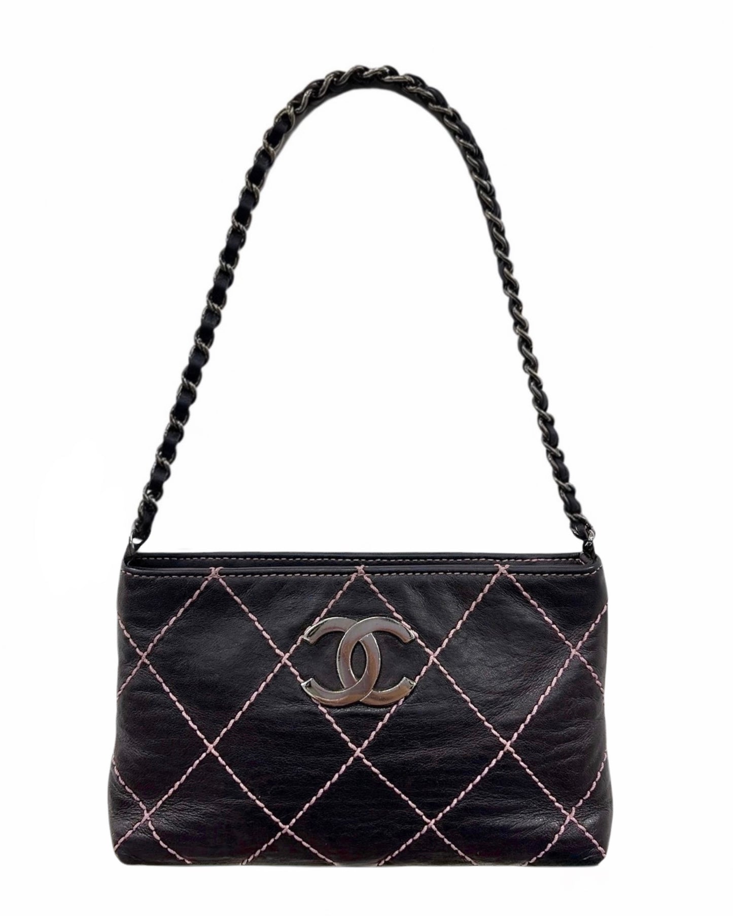 Chanel Vintage 2000s Black Quilted Lambskin Baby Pink Wild Stitch Mini CC Shoulder Pochette Bag 
