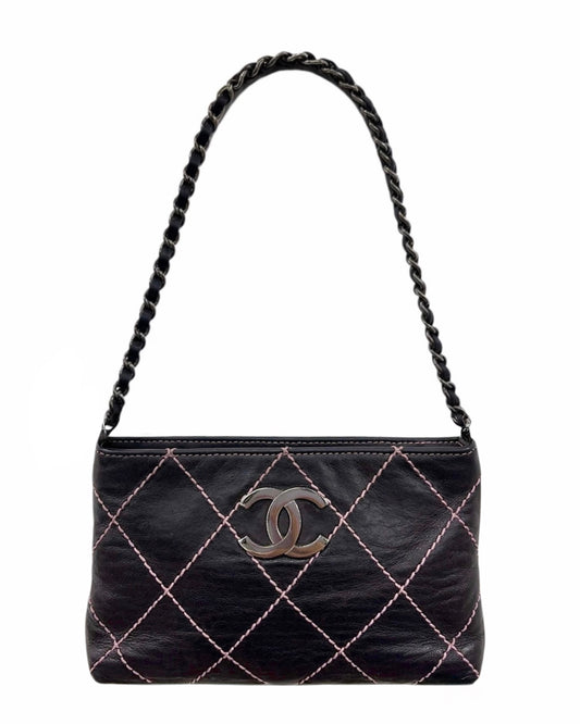 Chanel Vintage 2000s Black Quilted Lambskin Baby Pink Wild Stitch Mini CC Shoulder Pochette Bag 
