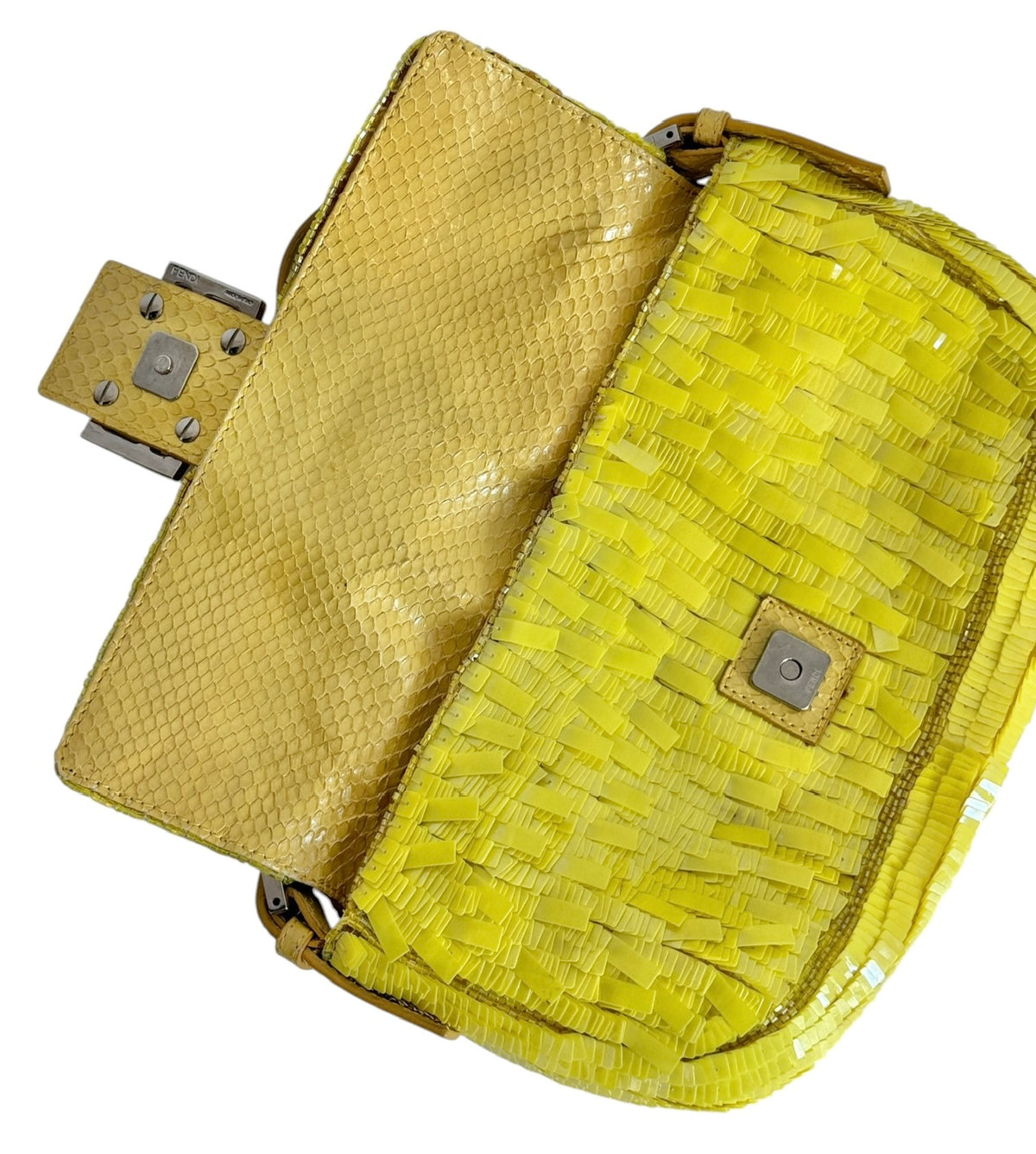 Fendi Vintage Neon Yellow Palliates Sequin Beaded Shoulder Baguette Bag with Python Trim