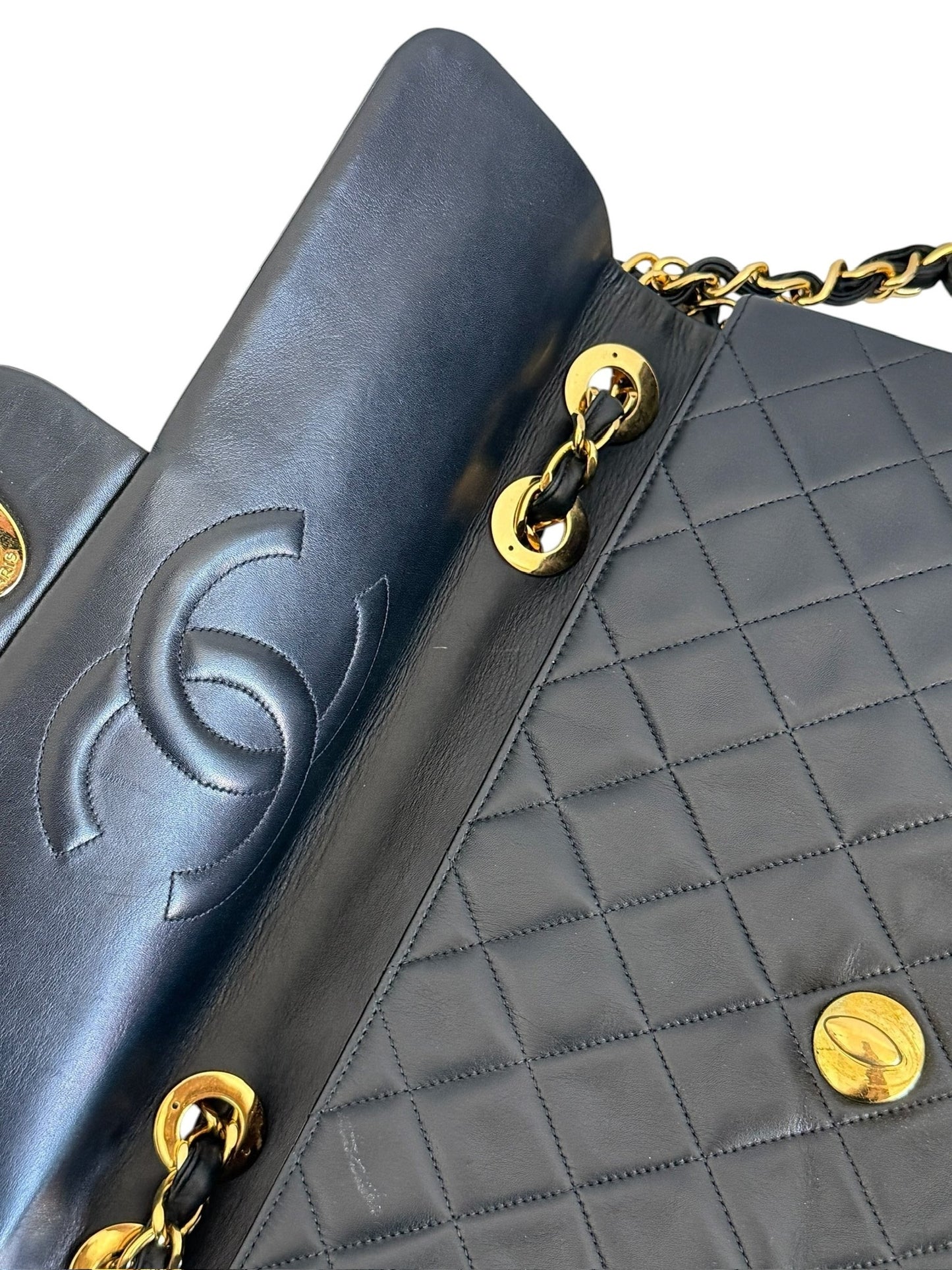 Chanel Vintage 90s Black Quilted Lambskin Maxi Classic Single Flap Bag with 24K GPHW