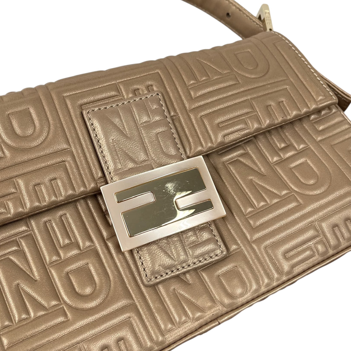 Fendi Metallic Gold Nappa Embossed Leather Shoulder Baguette Bag