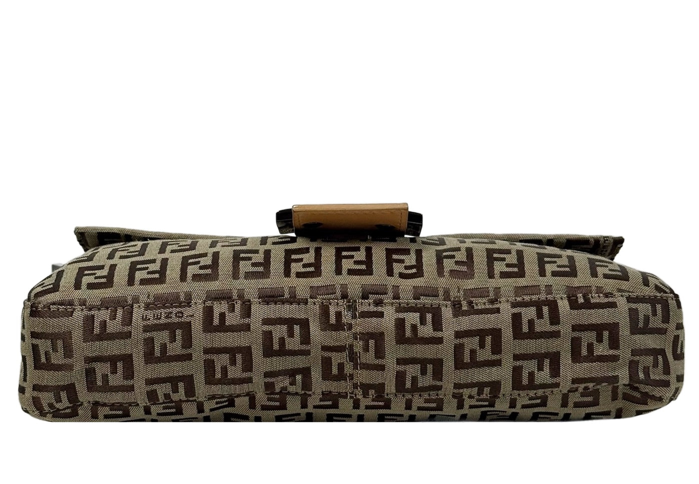 Fendi Vintage Light Brown Zucca Monogram Caramel Leather Trim Shoulder Baguette Bag