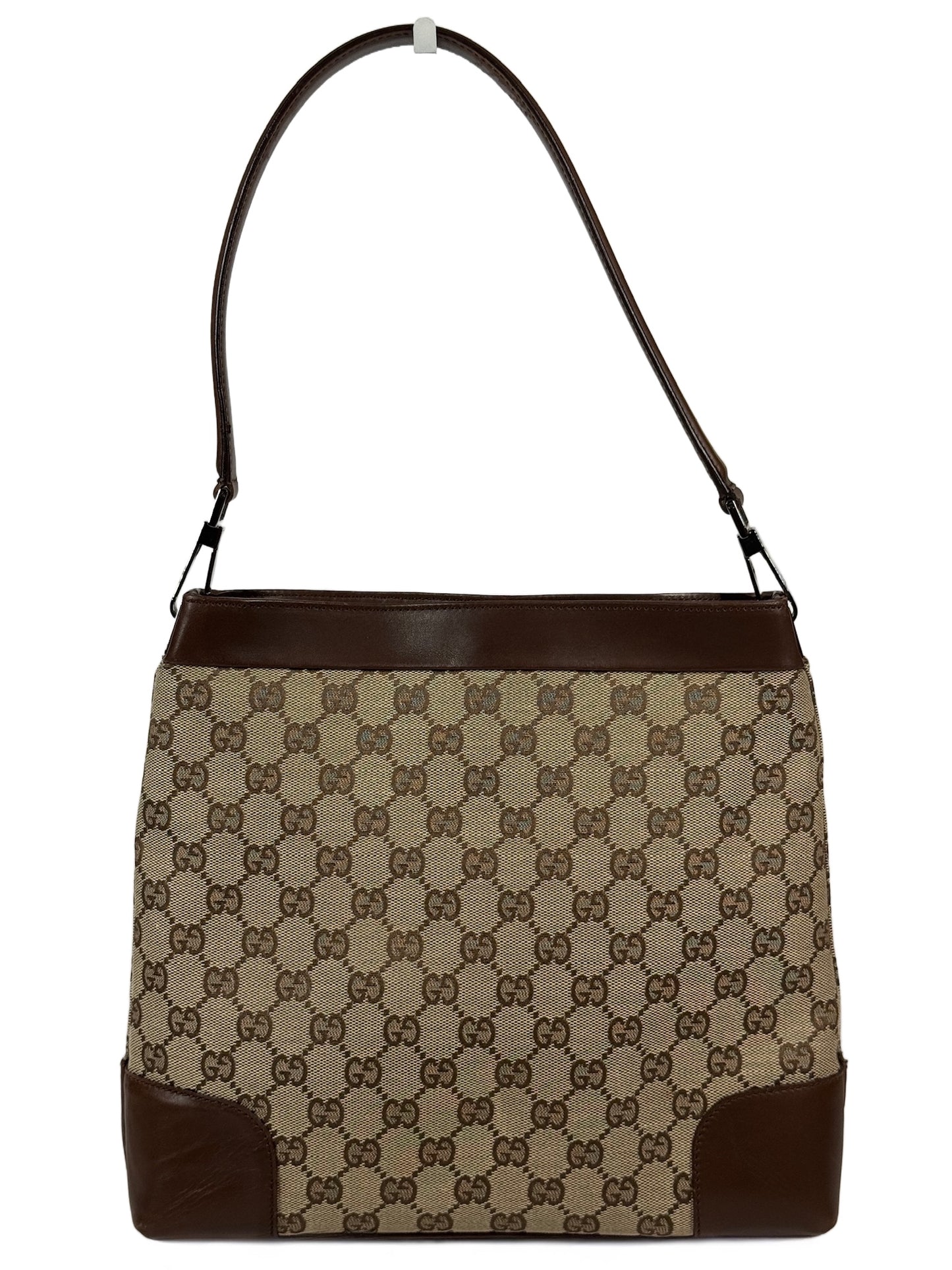 Gucci Vintage Brown GG Monogram Canvas Leather Trim Structured Hobo Shoulder Bag