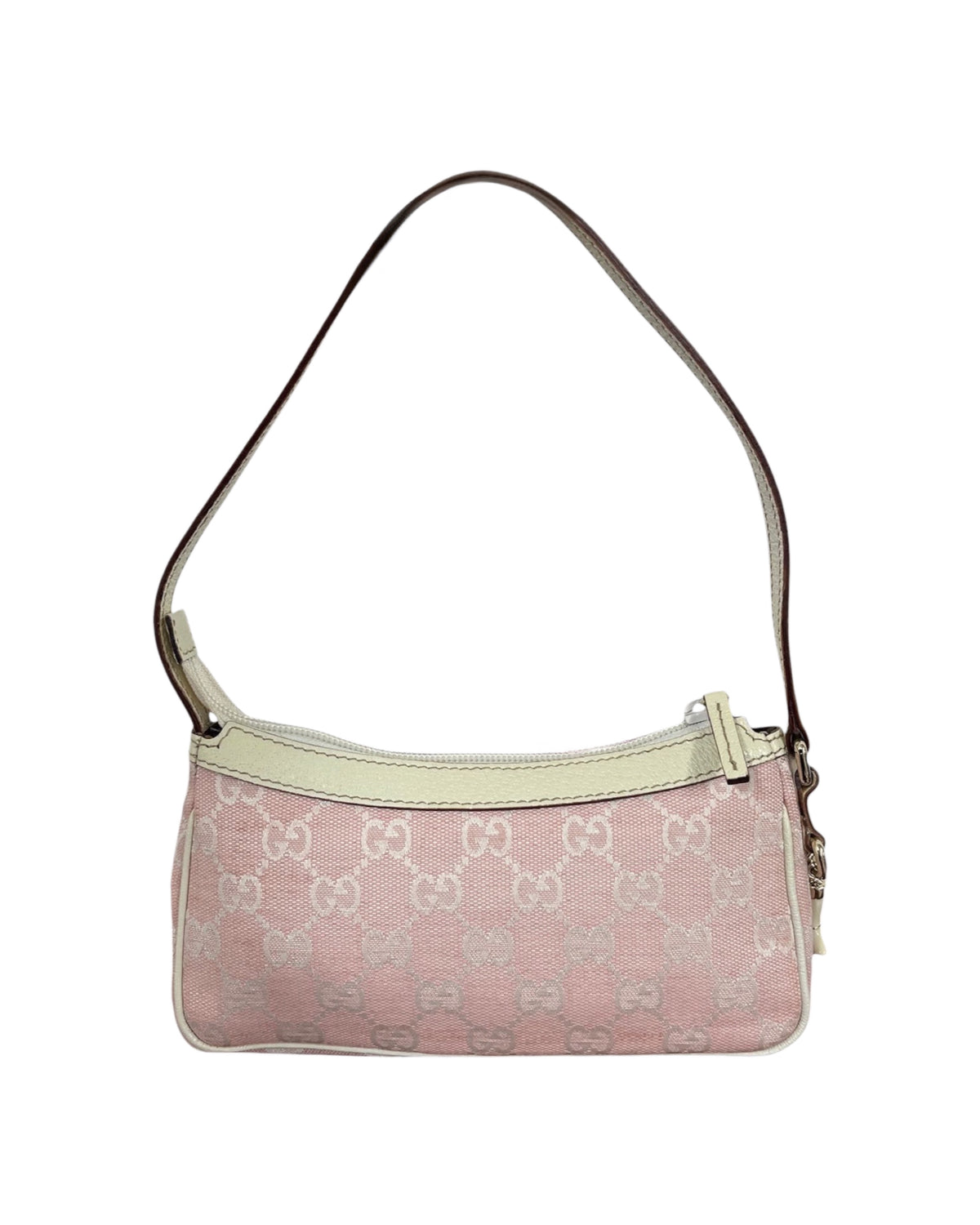 Gucci Vintage Pink GG Monogram White Leather Trim Mini Charmy Shoulder Pochette Bag