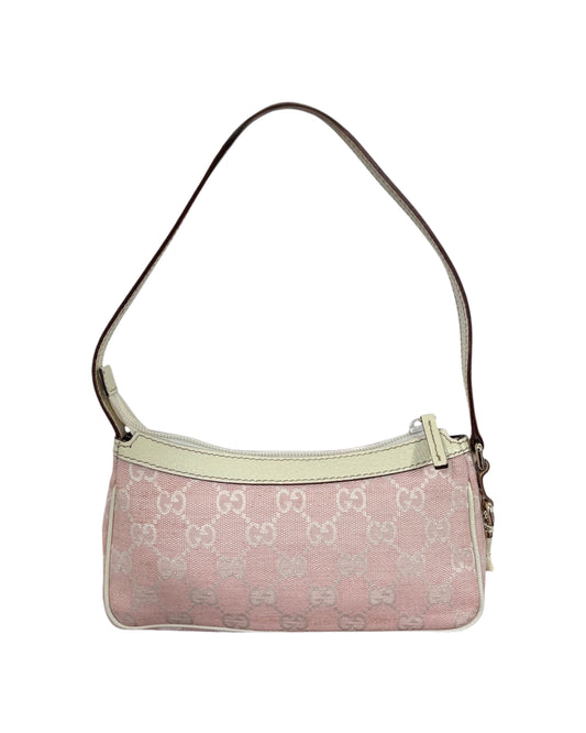 Gucci Vintage Pink GG Monogram White Leather Trim Mini Charmy Shoulder Pochette Bag